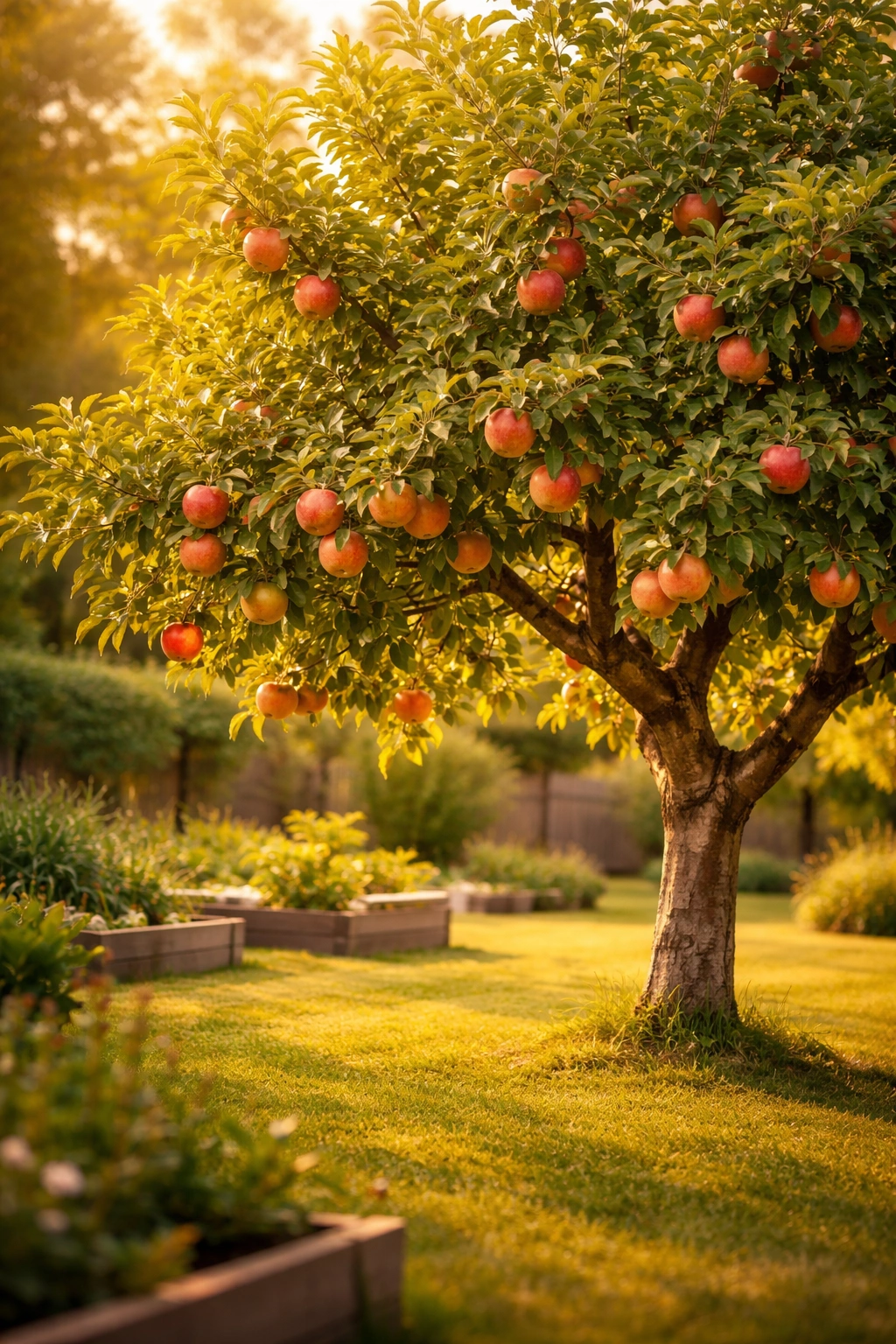 Lush apple tree bearing abundant fruit in a sunlit backyard, implying economic benefits