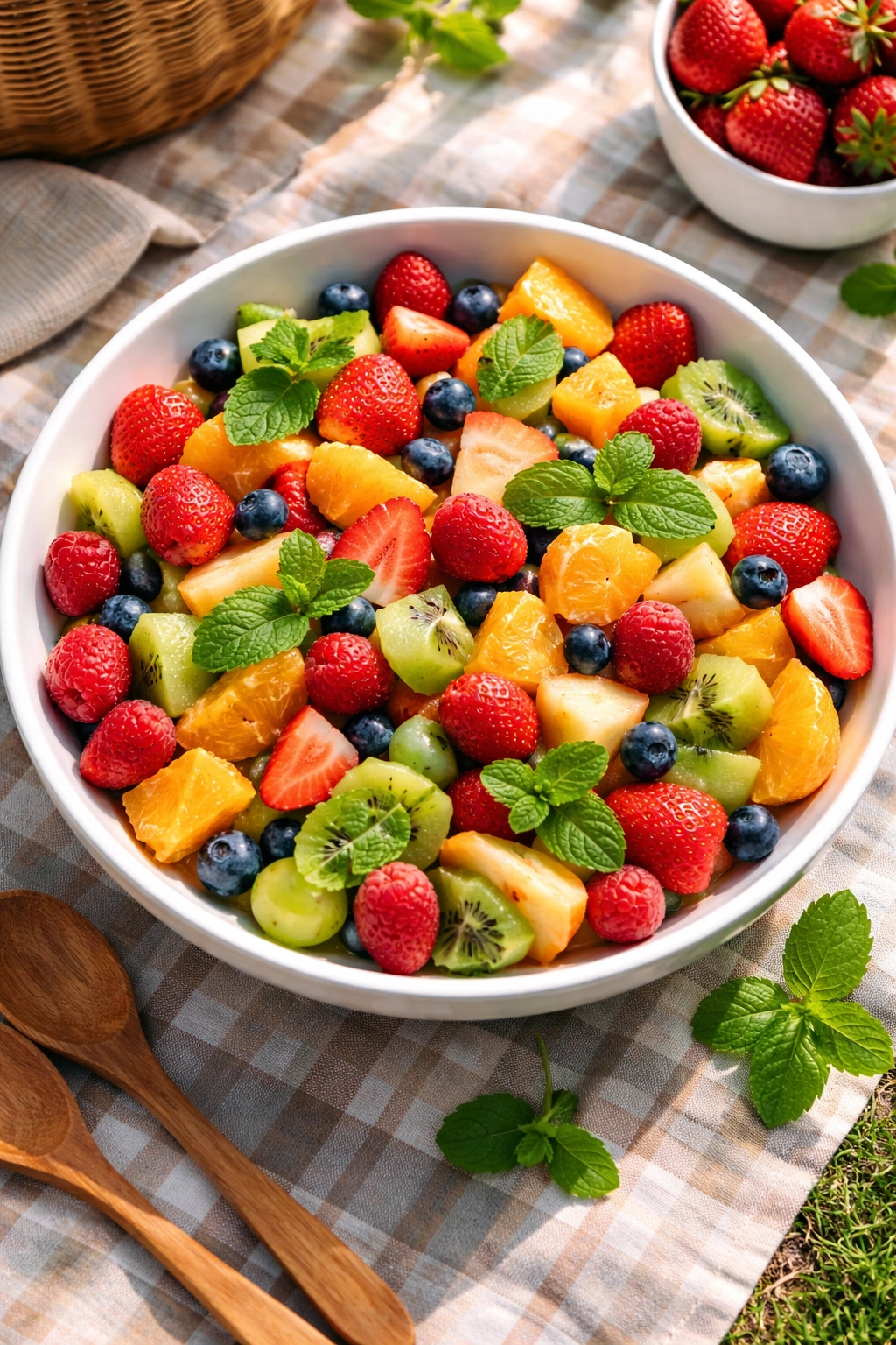 Bowl of colorful fruit salad with mint leaves