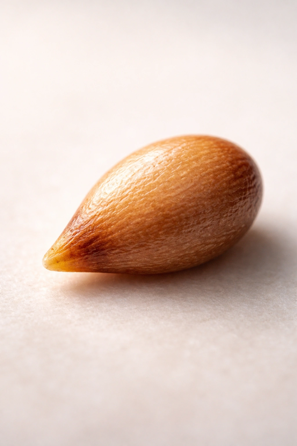 Macro close-up of a single fruit seed on a neutral background showing seed texture