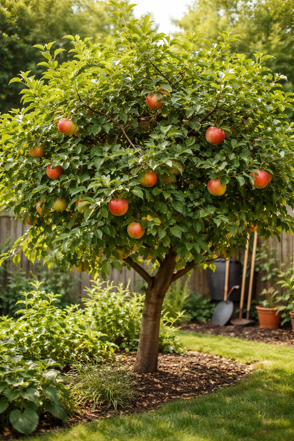 Fruit tree with dense, unmanaged canopy illustrating pruning mistakes in a small yard.