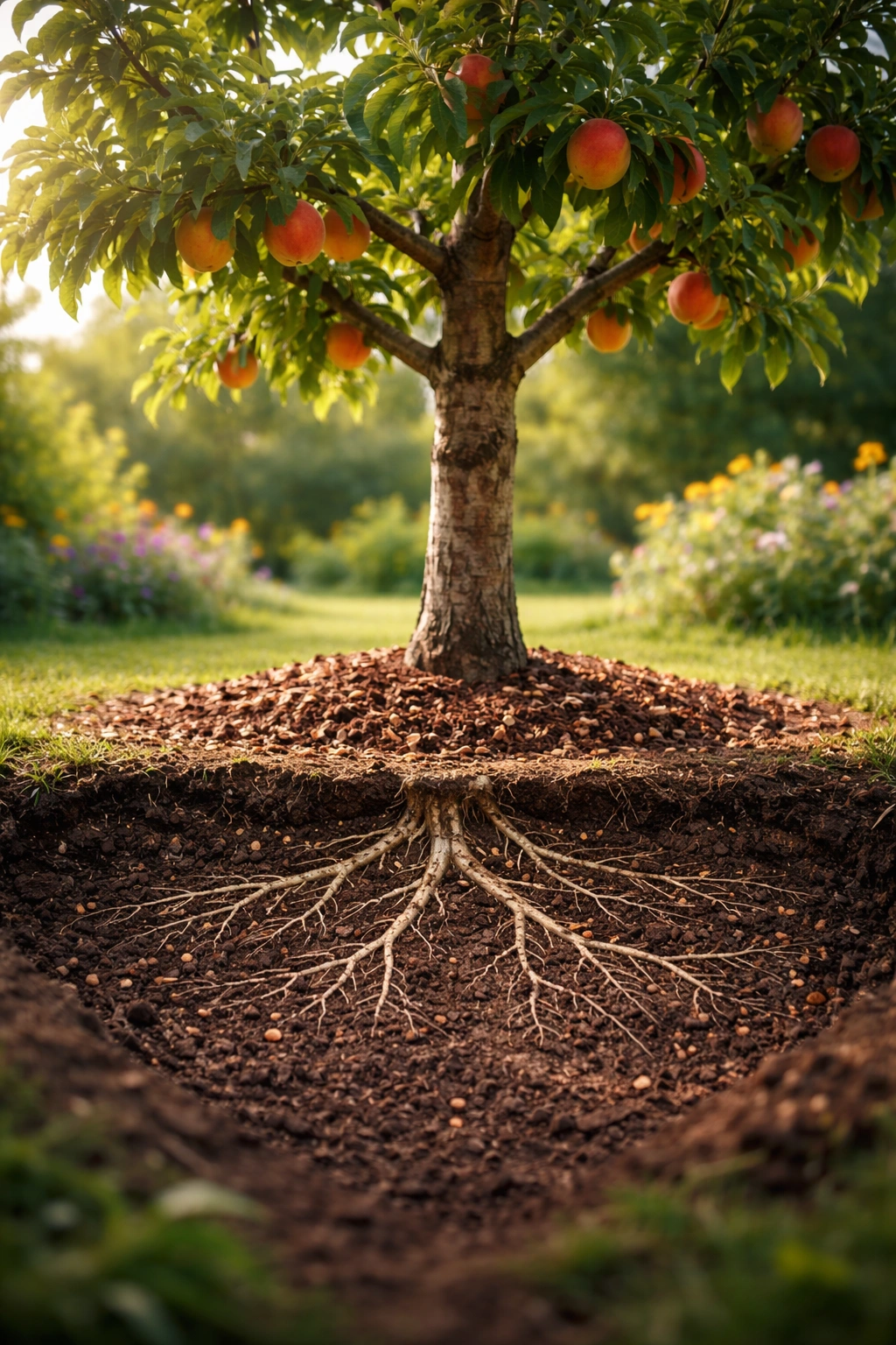 Soil around a fruit tree showing healthy root zone in a sunny garden