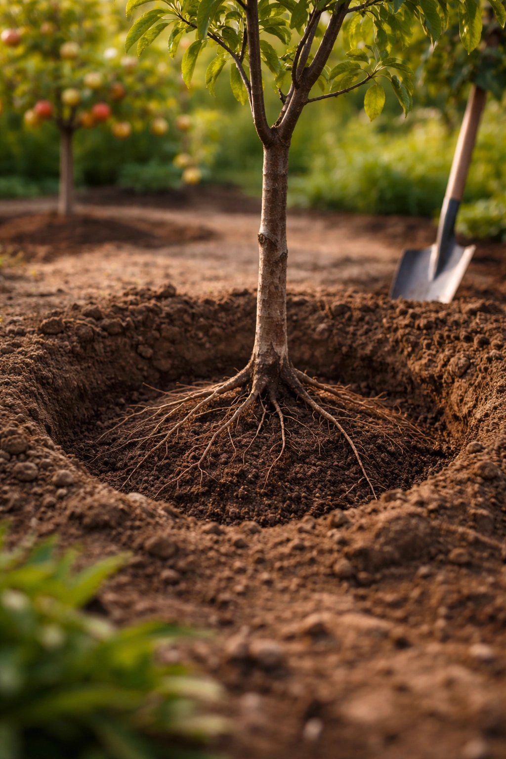 Bare-root fruit tree planted in a hole with soil mound