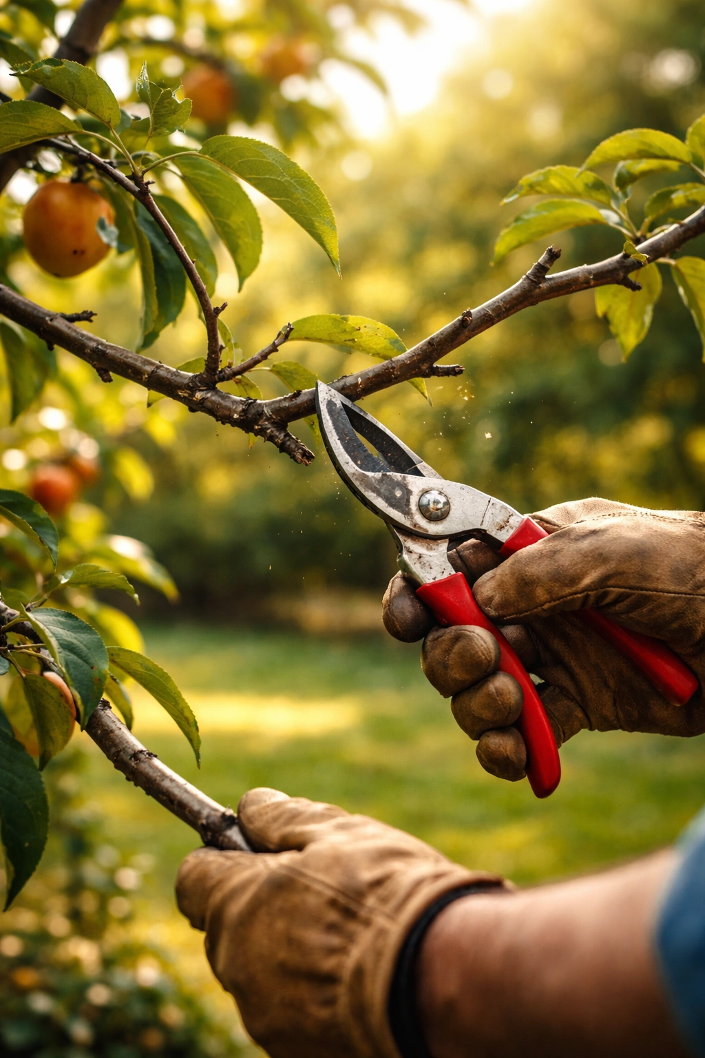 Close-up of pruning fruit tree branch with pruning shears in sunlit garden
