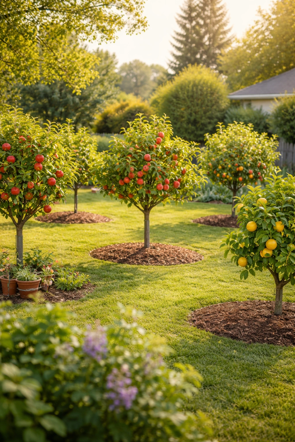 Garden with several young fruit trees showing variety for choosing the right species.