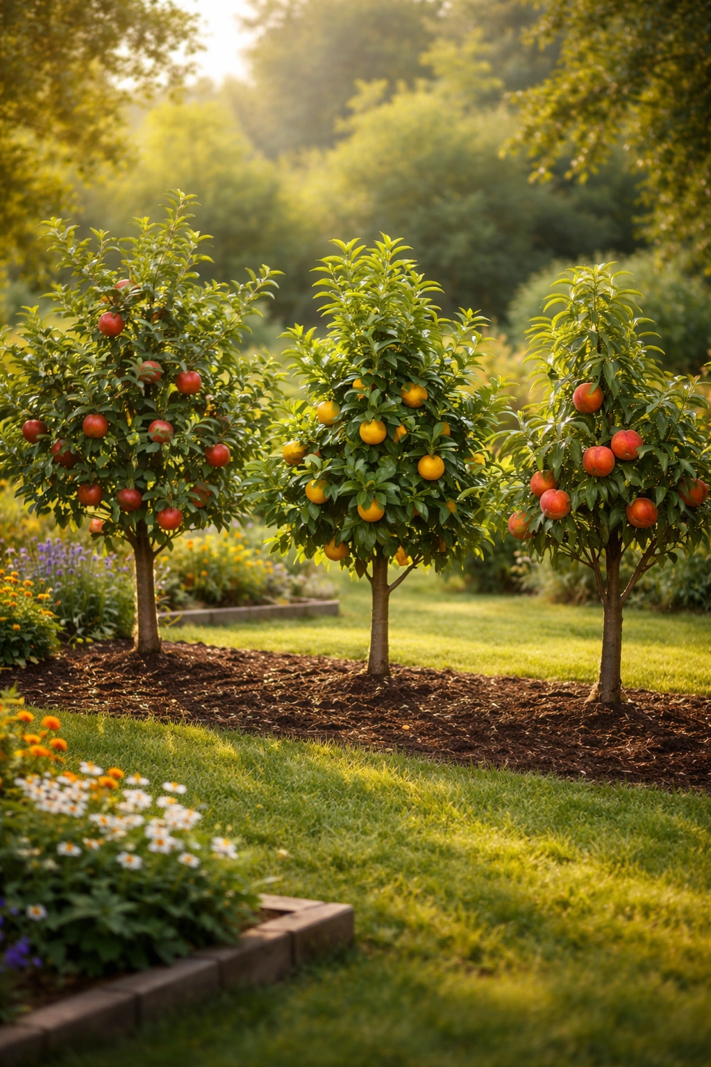 Row of three young fruit trees with different leaf shapes in a sunny garden