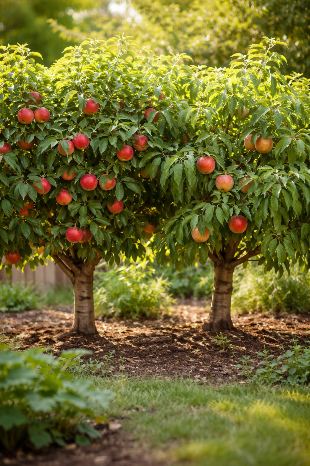 Two fruit trees planted too close together in a garden