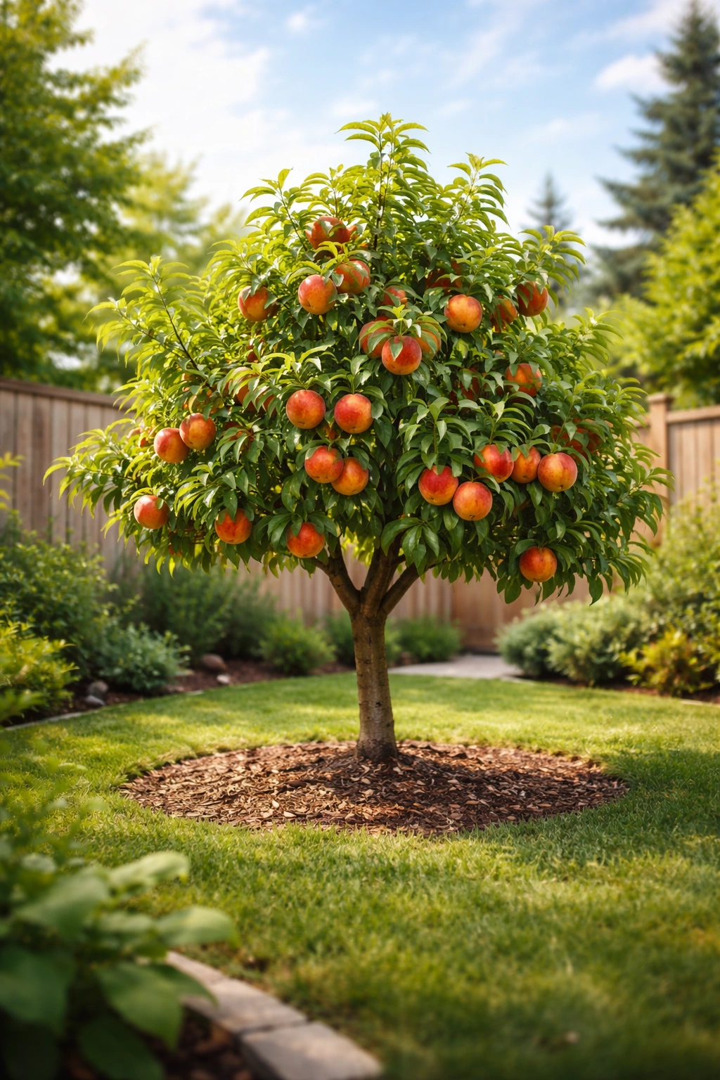 Single dwarf fruit tree in a compact yard.