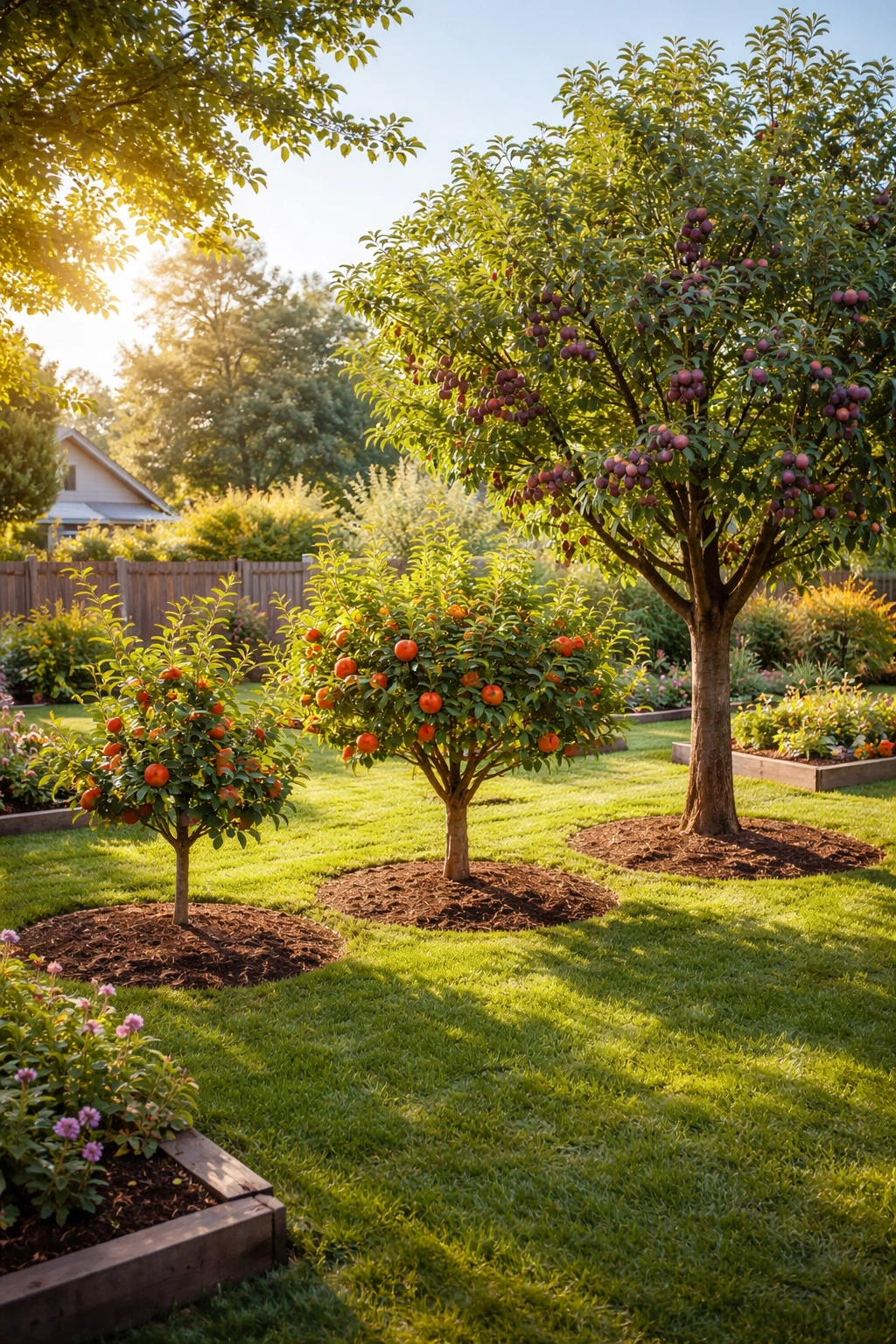 Three fruit trees of differing sizes in a tidy garden showing size options for layout