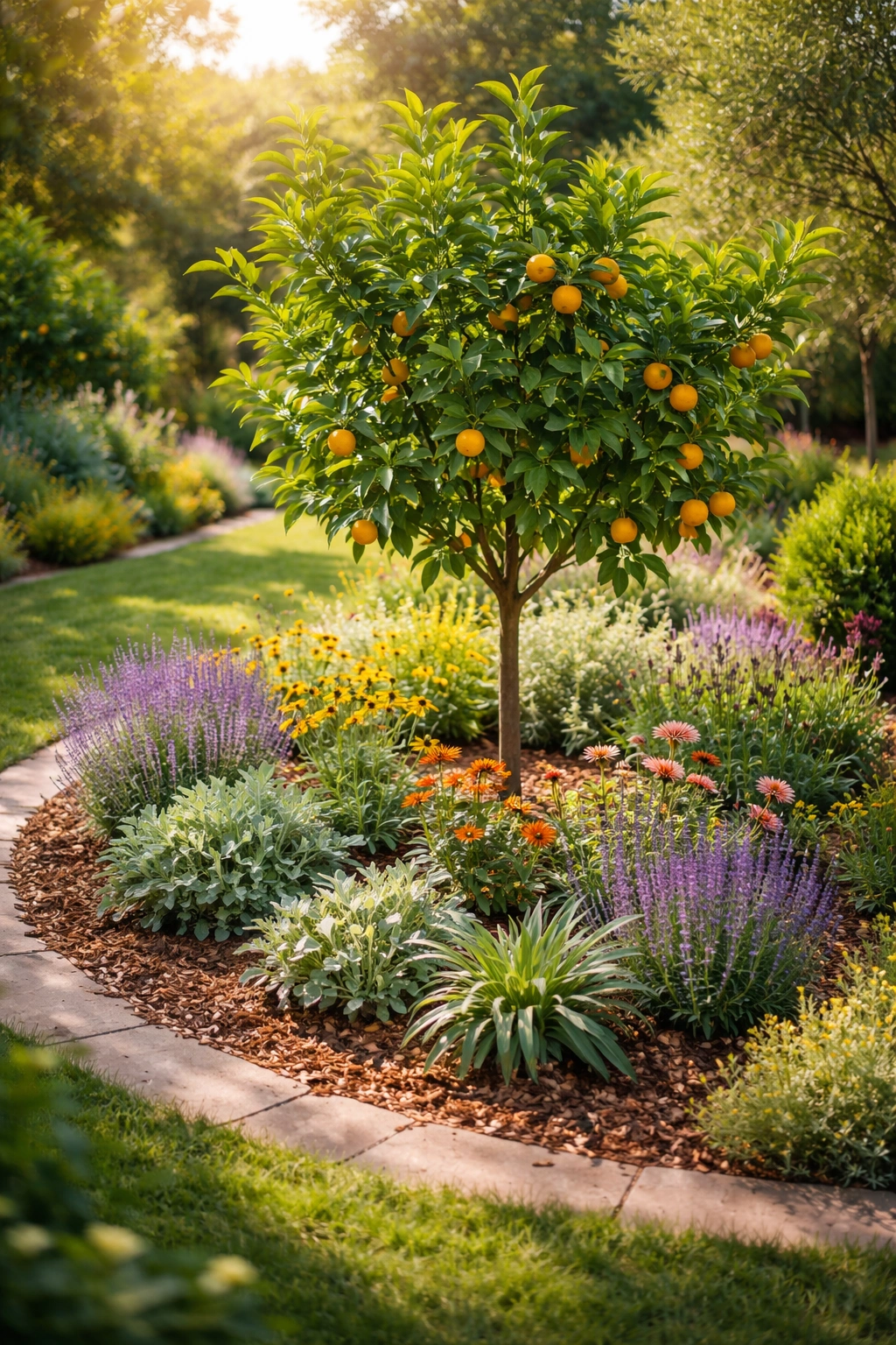 Young citrus tree with perennial plants in a fall garden
