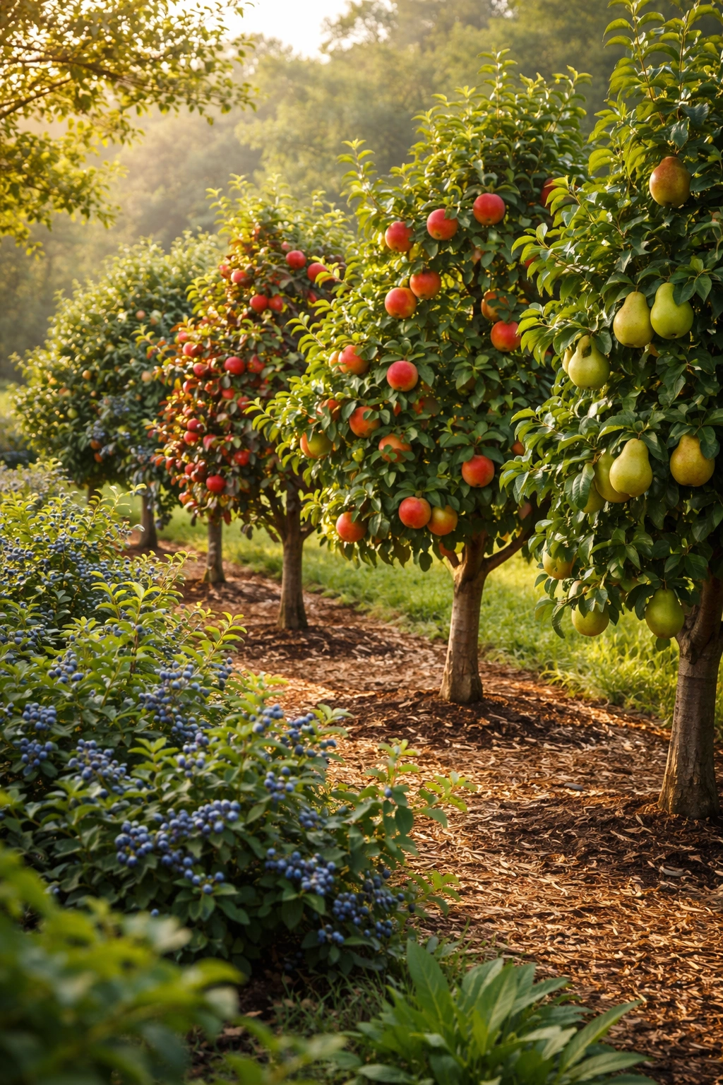 Orchard row showing fruit trees suited to growing conditions