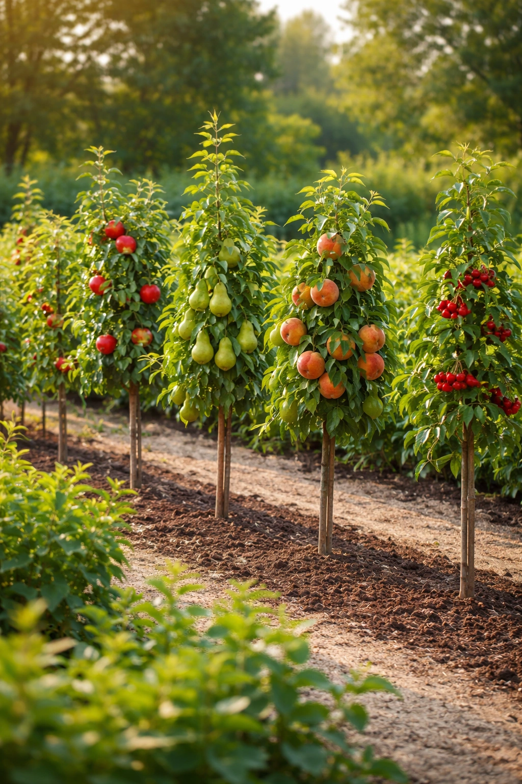 Row of young fruit trees in a garden bed illustrating variety options