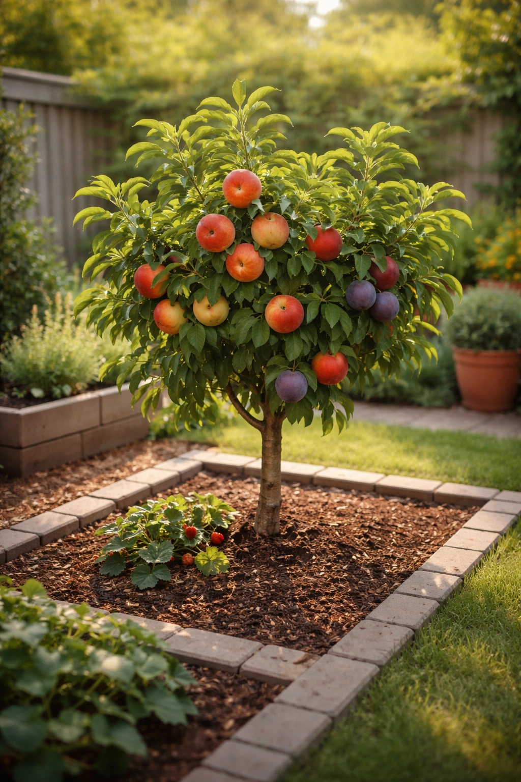 Close-up of a compact dwarf fruit tree in a small garden bed with a tidy mulch border