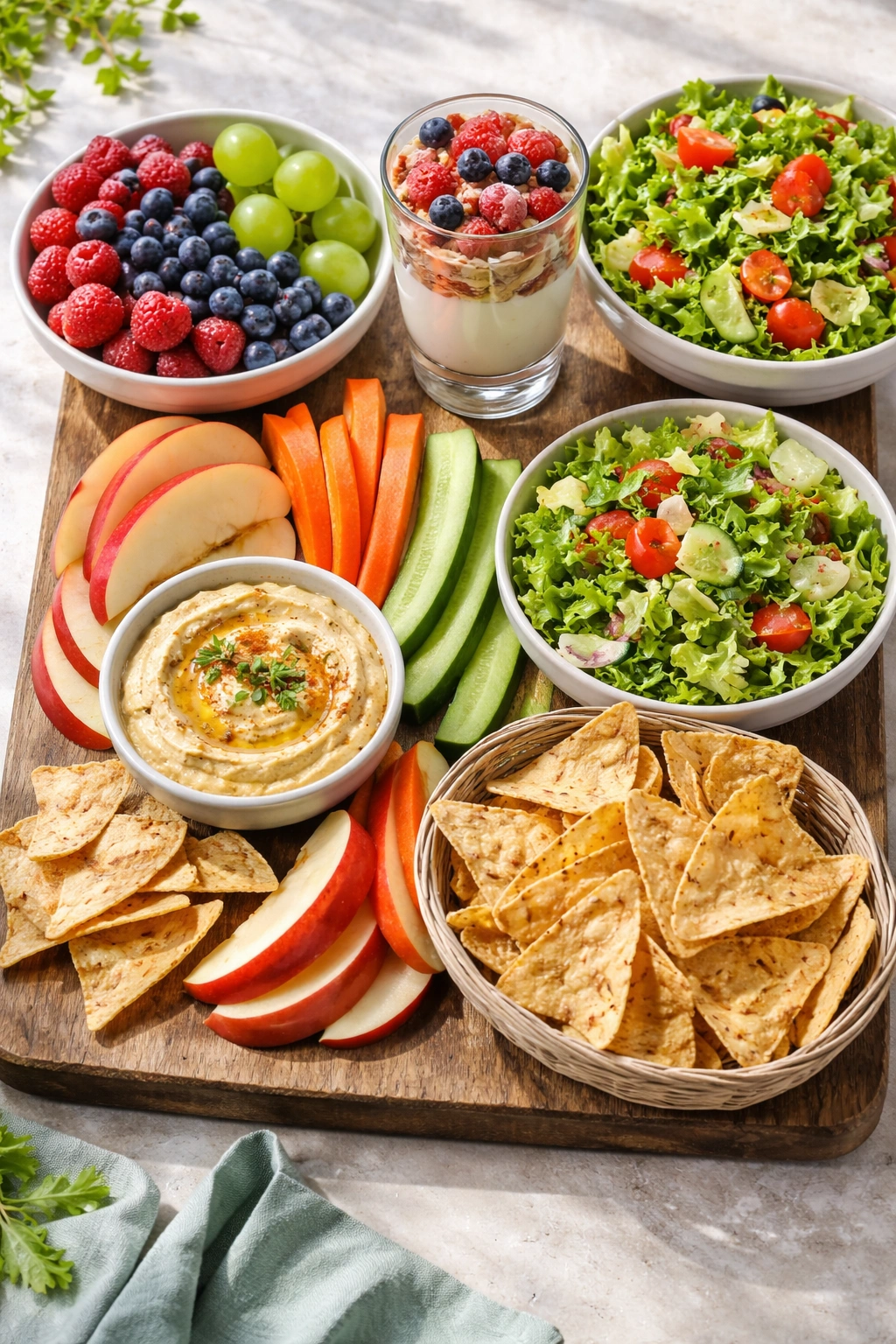 Assorted sides including fruit, veggie sticks with dip, chips, salad, and yogurt parfait on a wooden board