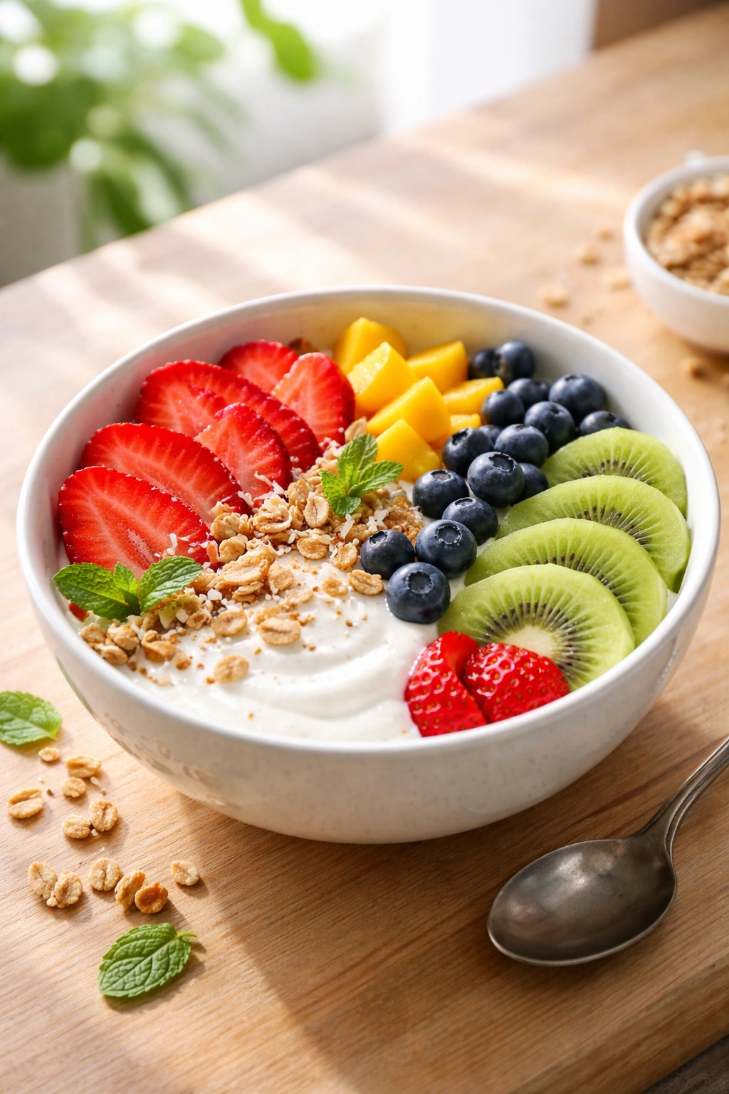 Close-up of a colorful fruit and yogurt bowl on a light wooden table