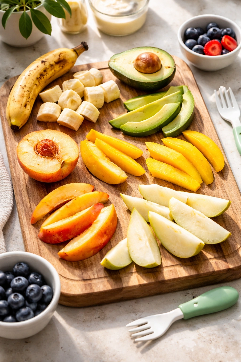 Close-up of baby-friendly fruits cut into safe pieces, showing ripeness levels for BLW