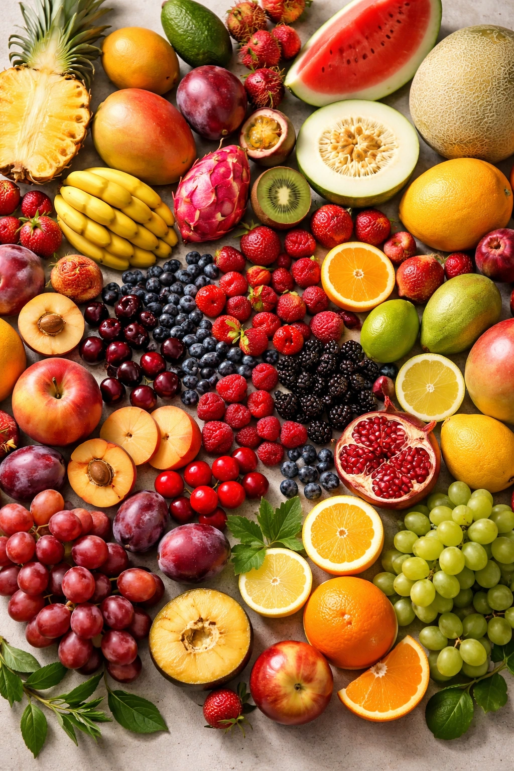 Colorful display of tropical fruits, berries, and melons showing diverse fruit types