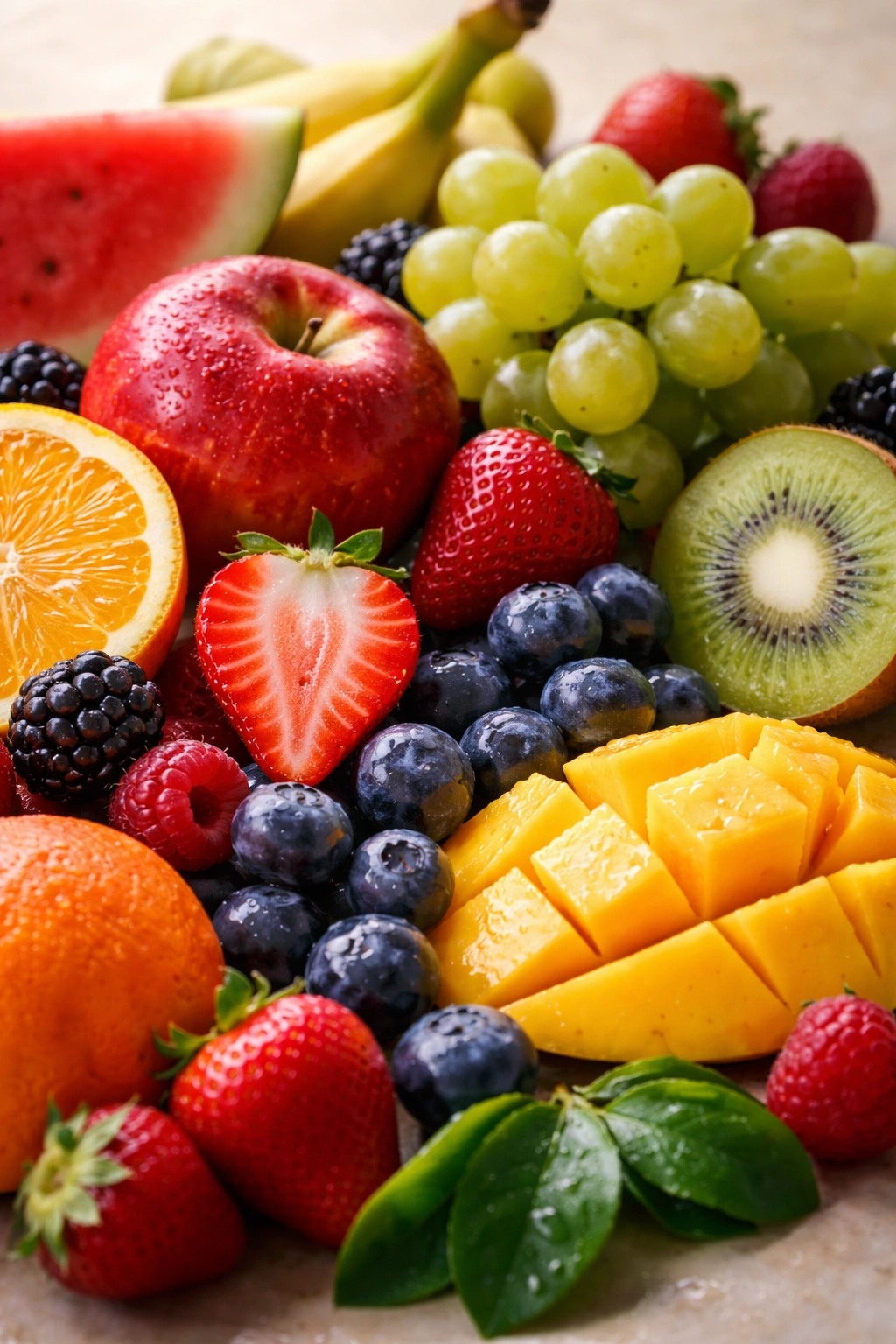 Close-up of assorted fresh fruits highlighting natural textures and colors