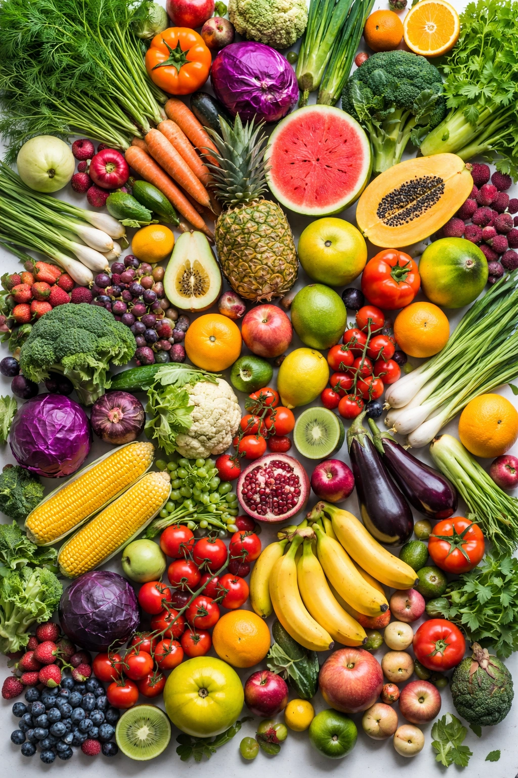 Diverse array of fruits and vegetables illustrating global variety and abundance