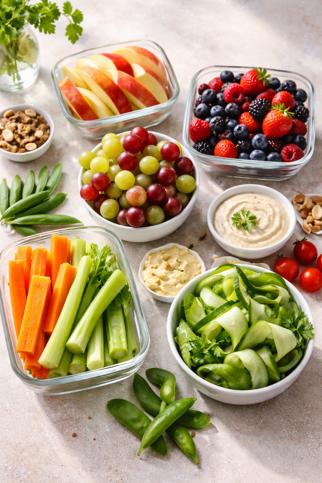 Ready-to-eat fruits and cut vegetables arranged for healthy snacks
