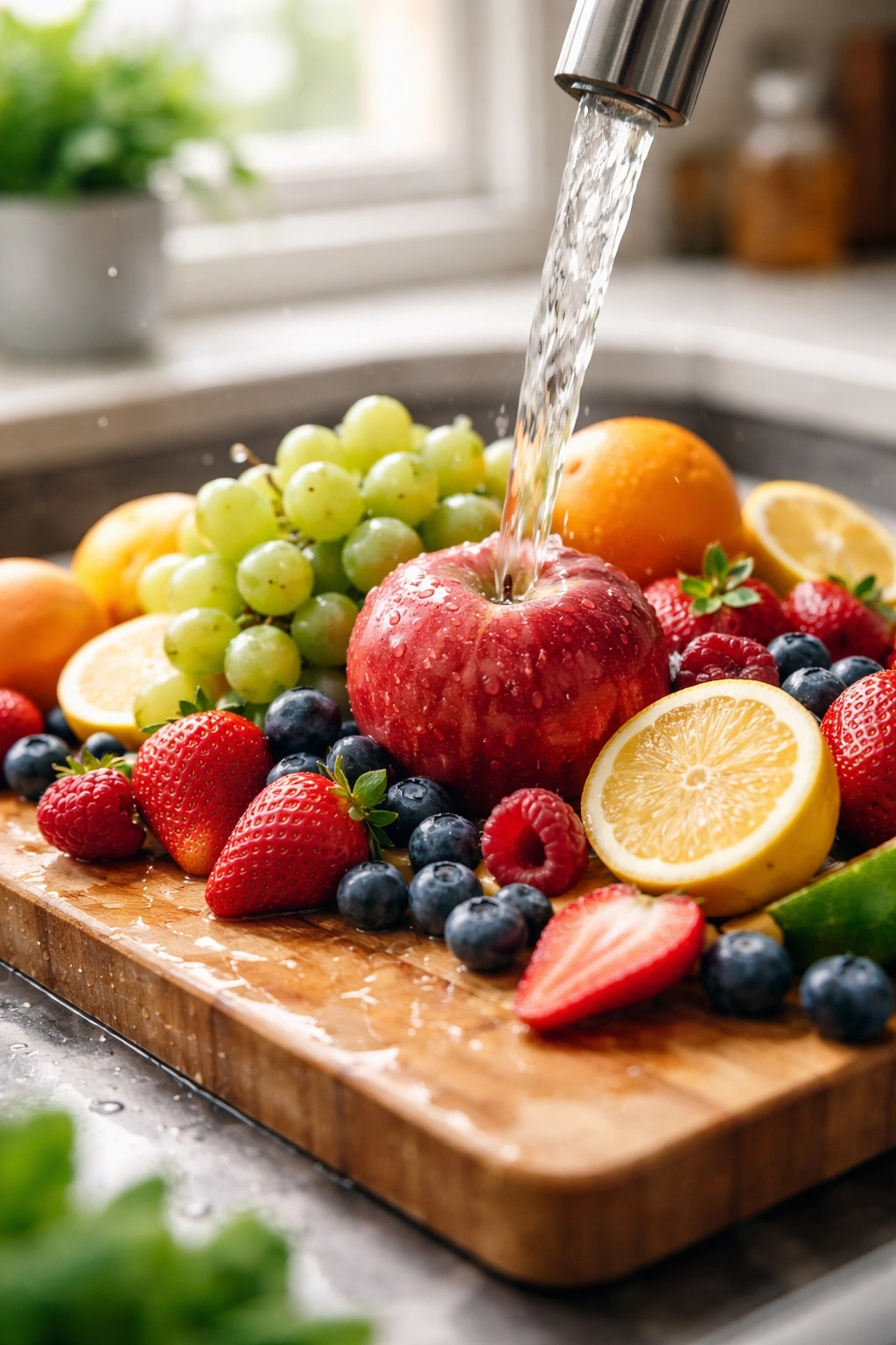 Close-up of fresh fruits being washed under running water in a kitchen sink