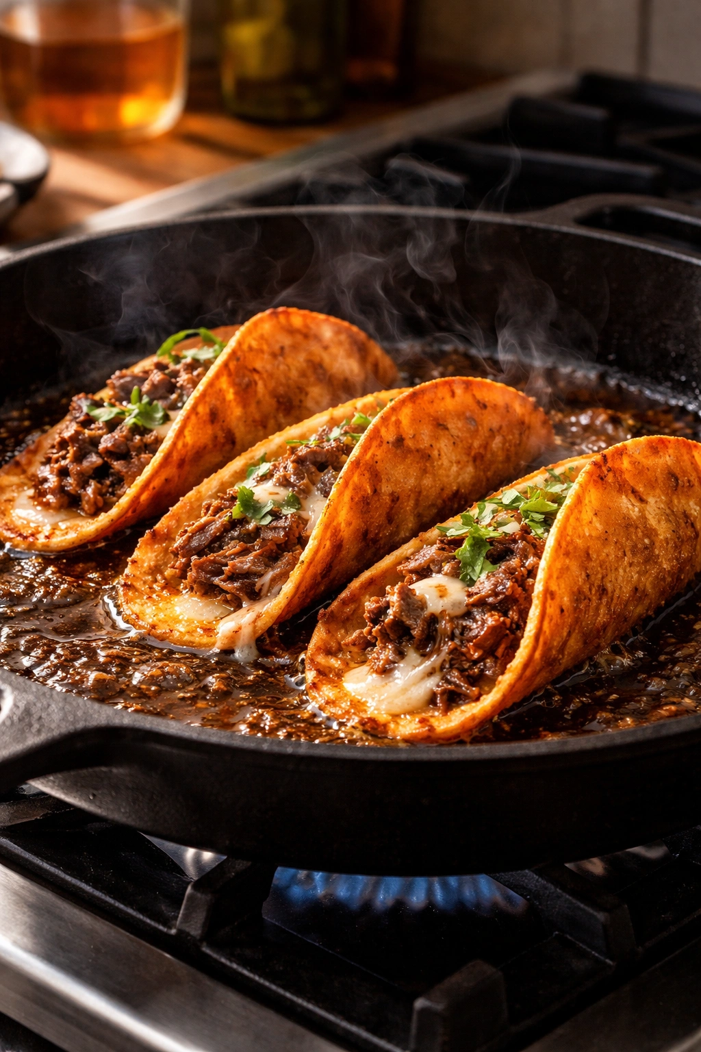 Birria taco frying in a cast-iron skillet with cheese melting and crispy edges