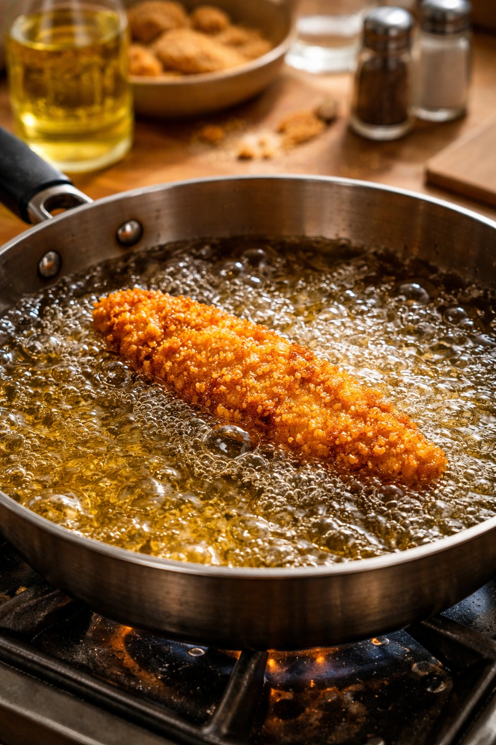 Fried chicken tender cooking in hot oil in pan with bubbles