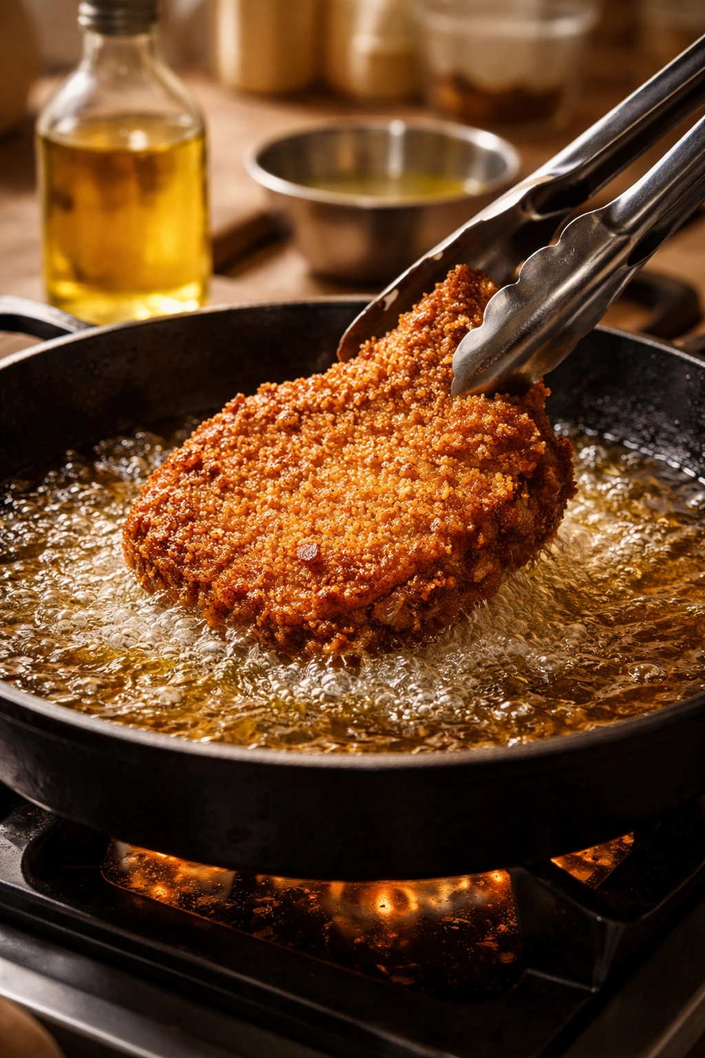 Pork chop frying in hot oil with bubbles and golden crust