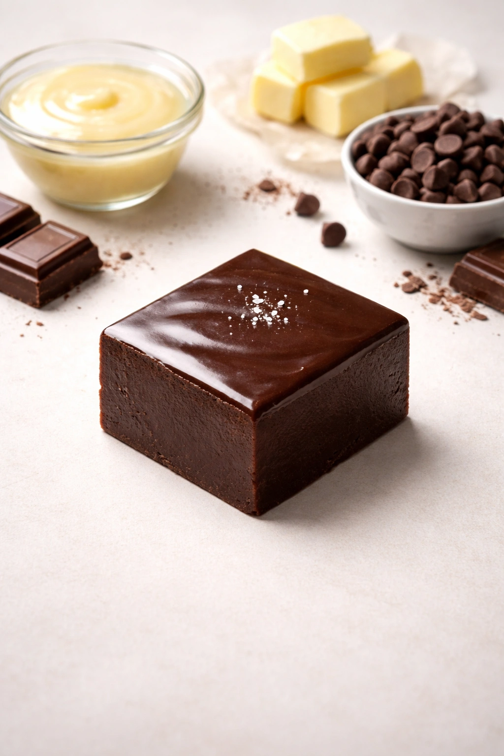 Close-up of a glossy fudge square on a plain background