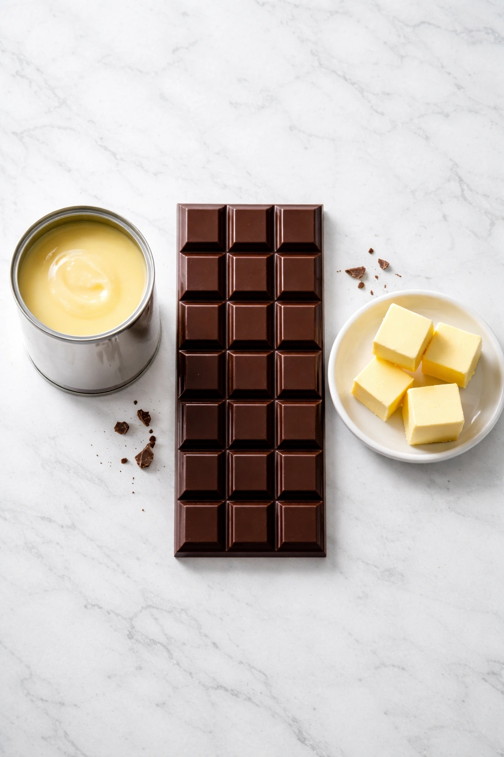 Three fudge ingredients displayed on white surface