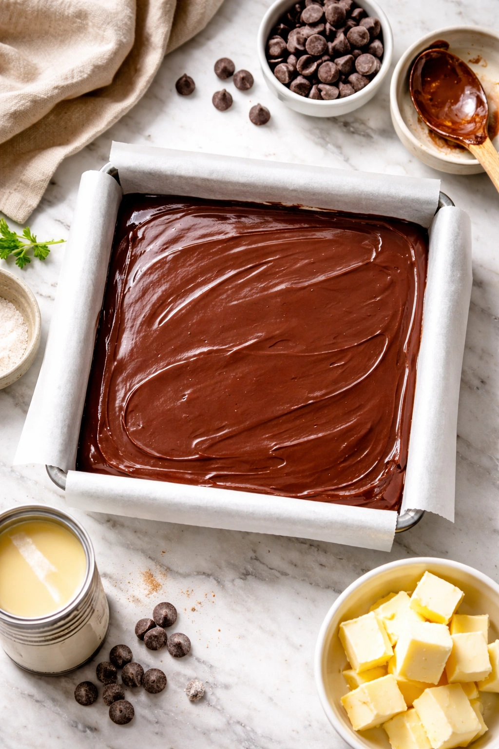 Glossy fudge slab in parchment-lined pan