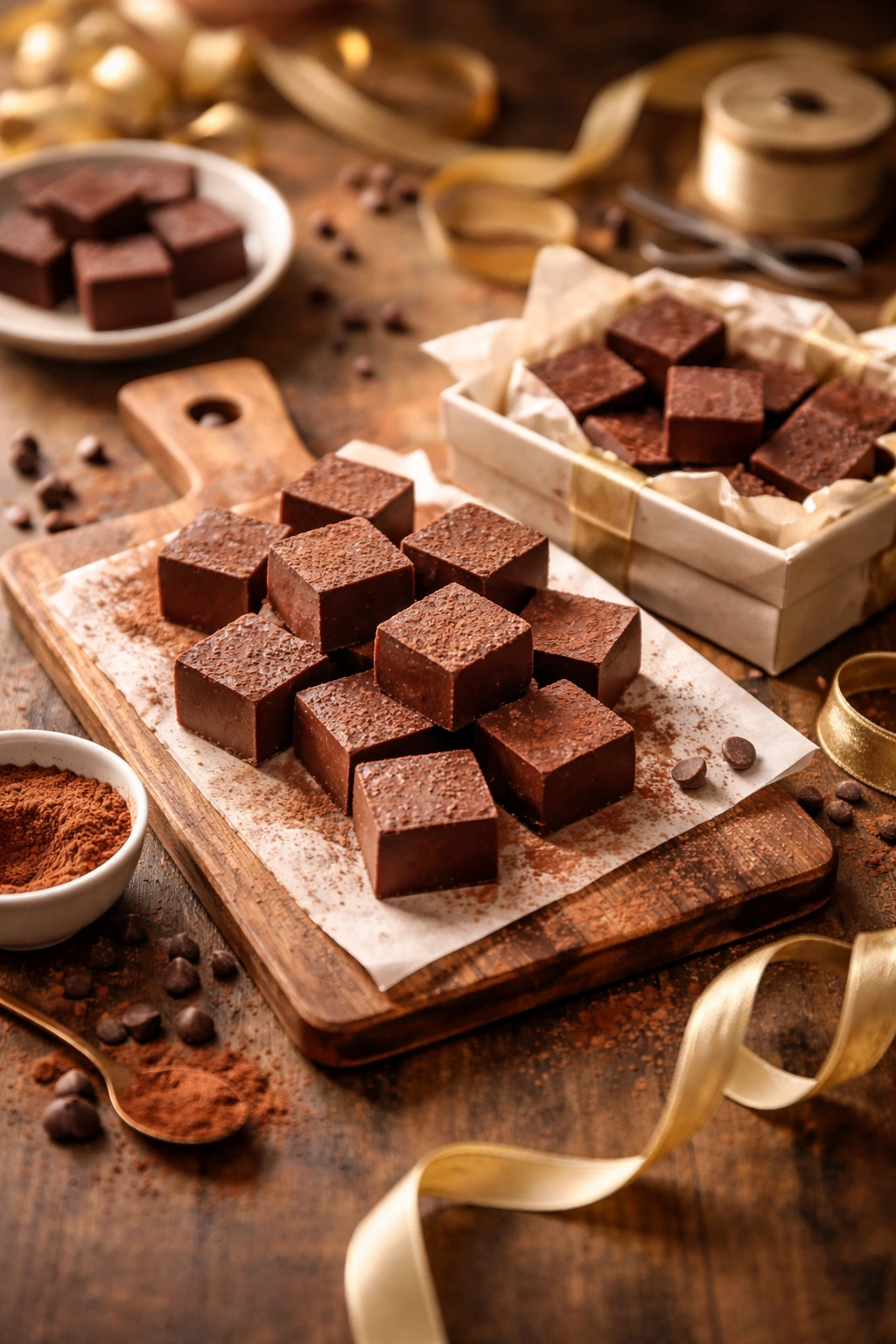 Fudge pieces arranged for serving and gifting on a wooden board