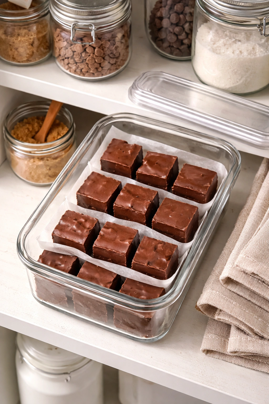 Fudge stored in airtight container with parchment between layers
