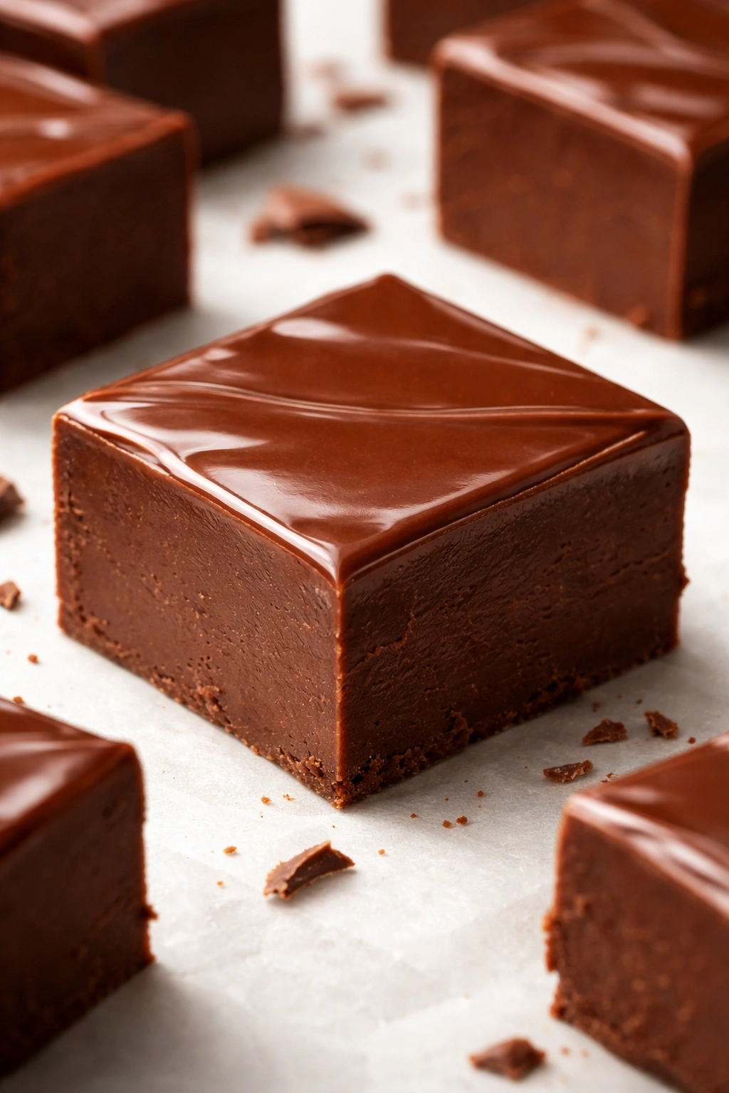 Close-up of a glossy fudge square showing smooth texture