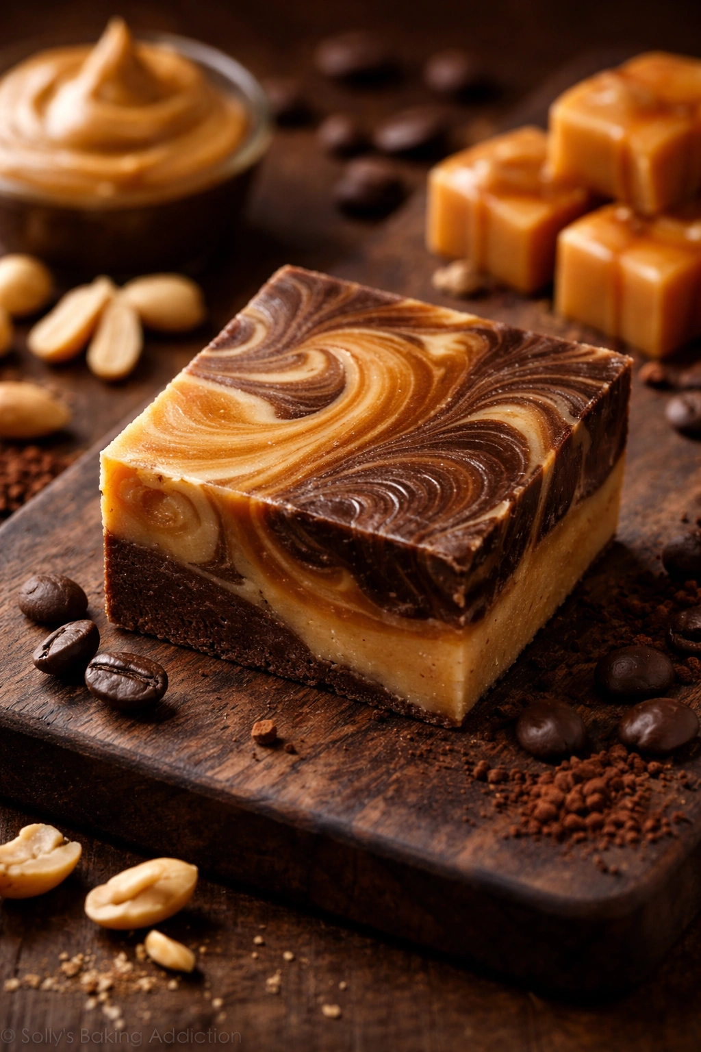 Close-up of a fudge square with peanut butter, caramel, and espresso swirls on a wooden board