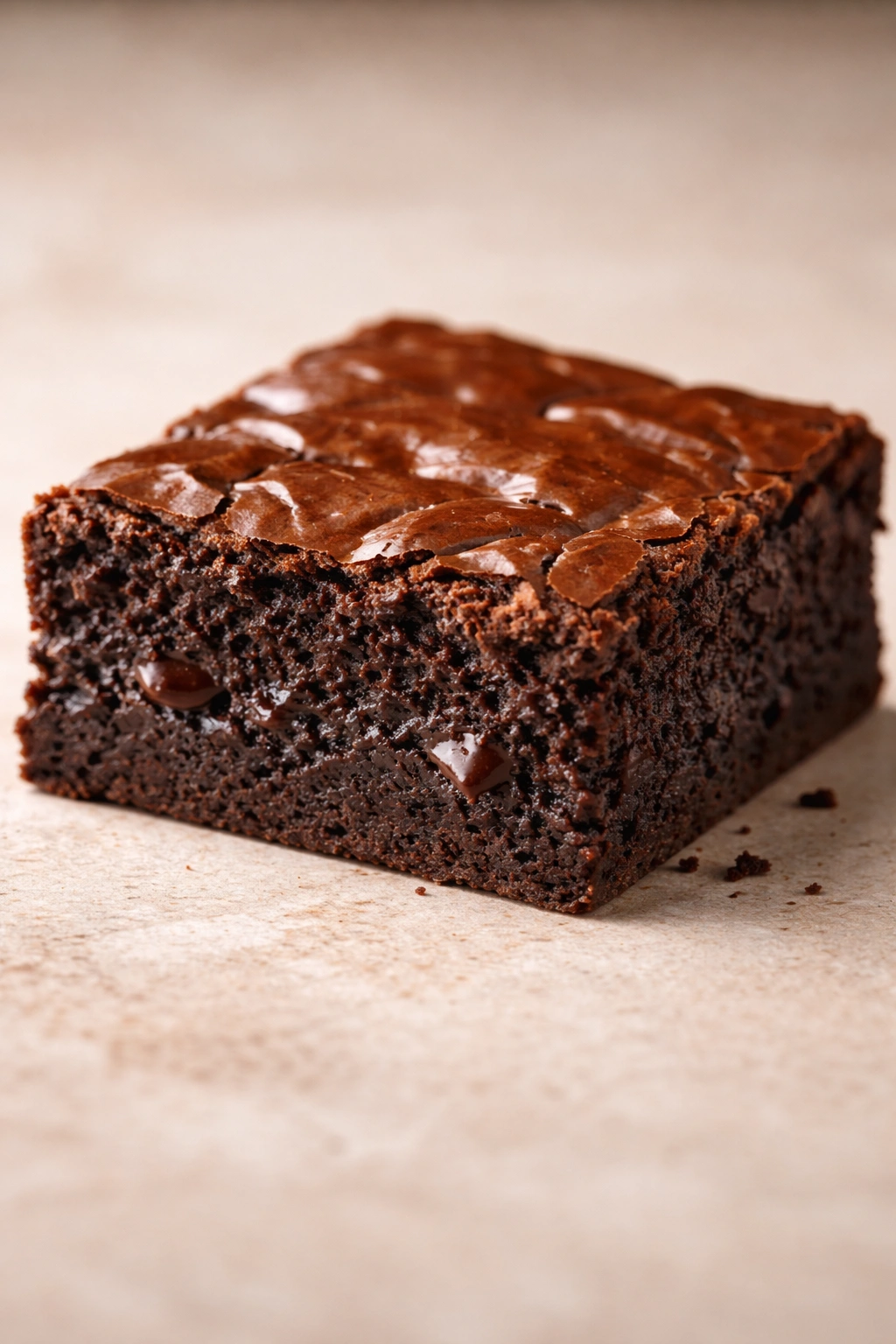 Close-up of a fudgy brownie square with glossy surface and dense interior