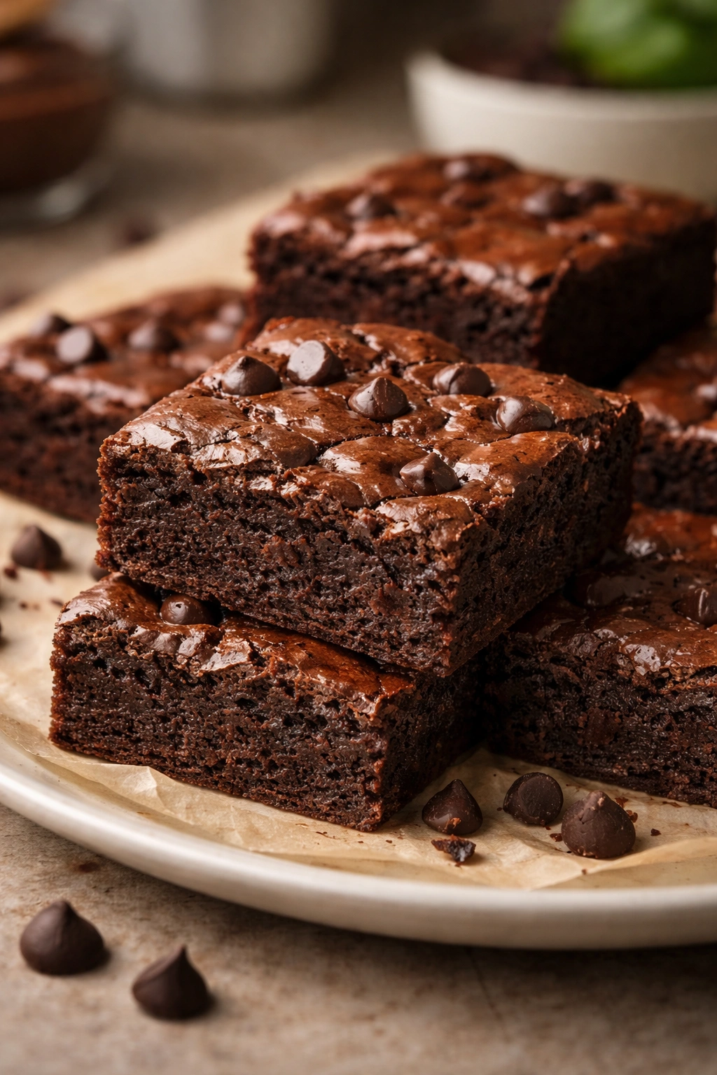 Close-up of a fudgy brownie square with a glossy crust.