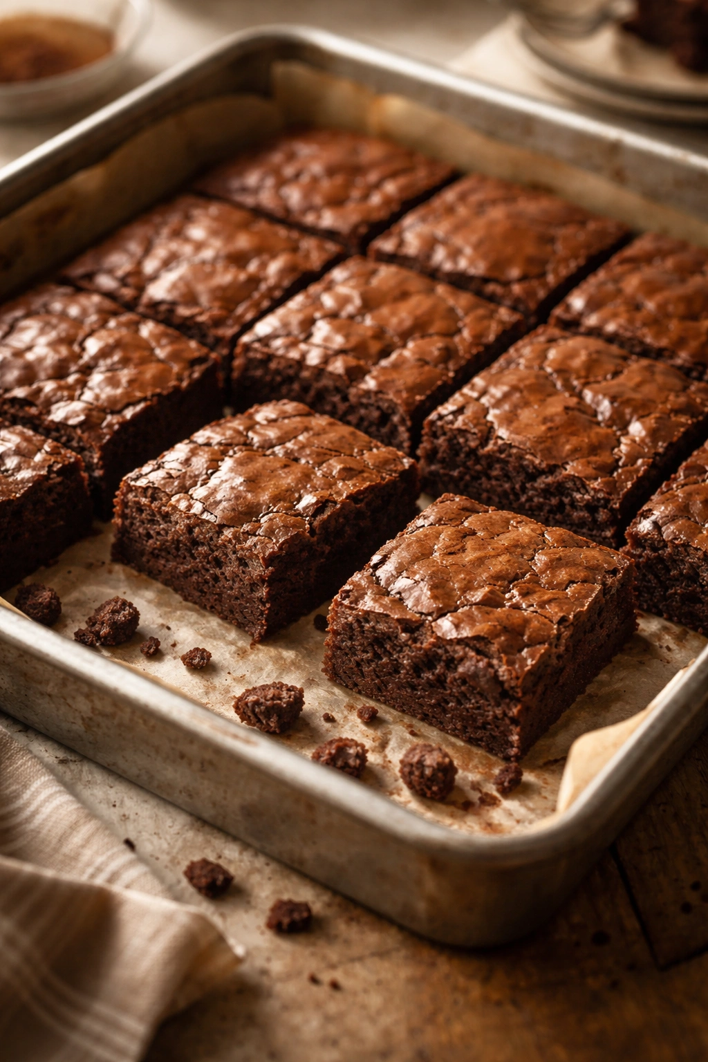 Tray of fudgy brownies with a few pieces cut