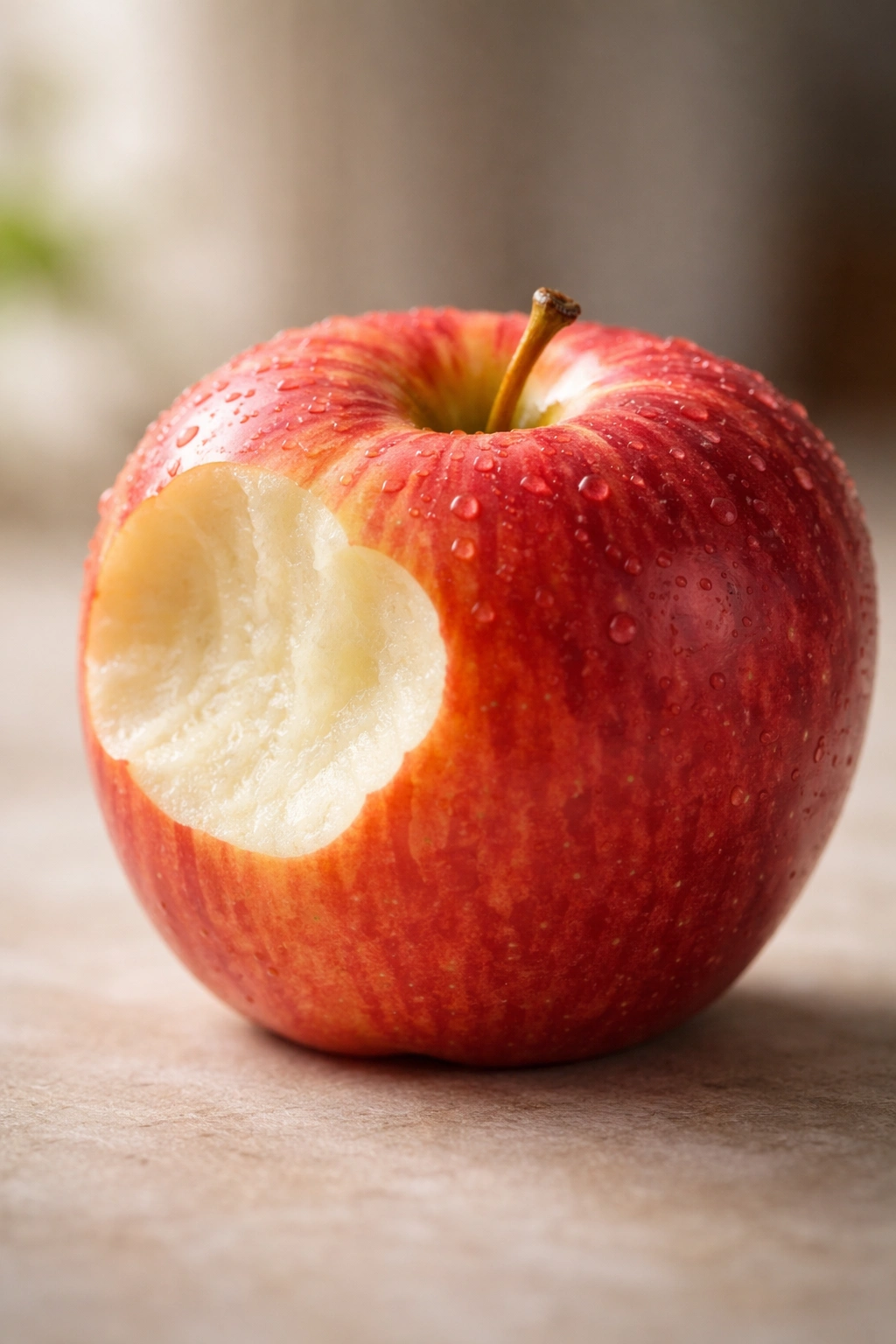 Close-up bitten Fuji apple showing crisp flesh and gentle acidity.