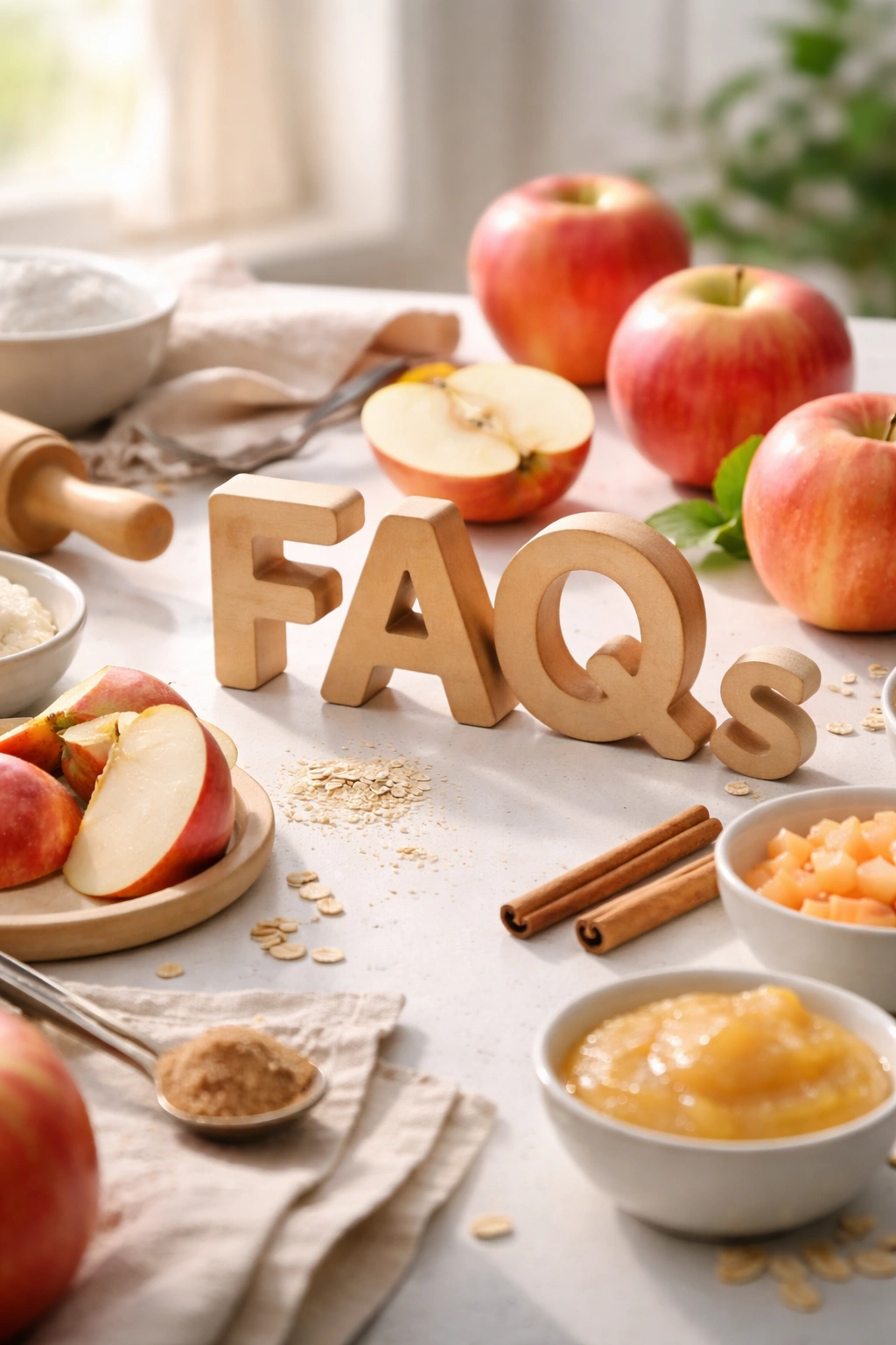 Abstract, text-free composition hinting at Fuji apple baking FAQs with shapes on a neutral studio backdrop