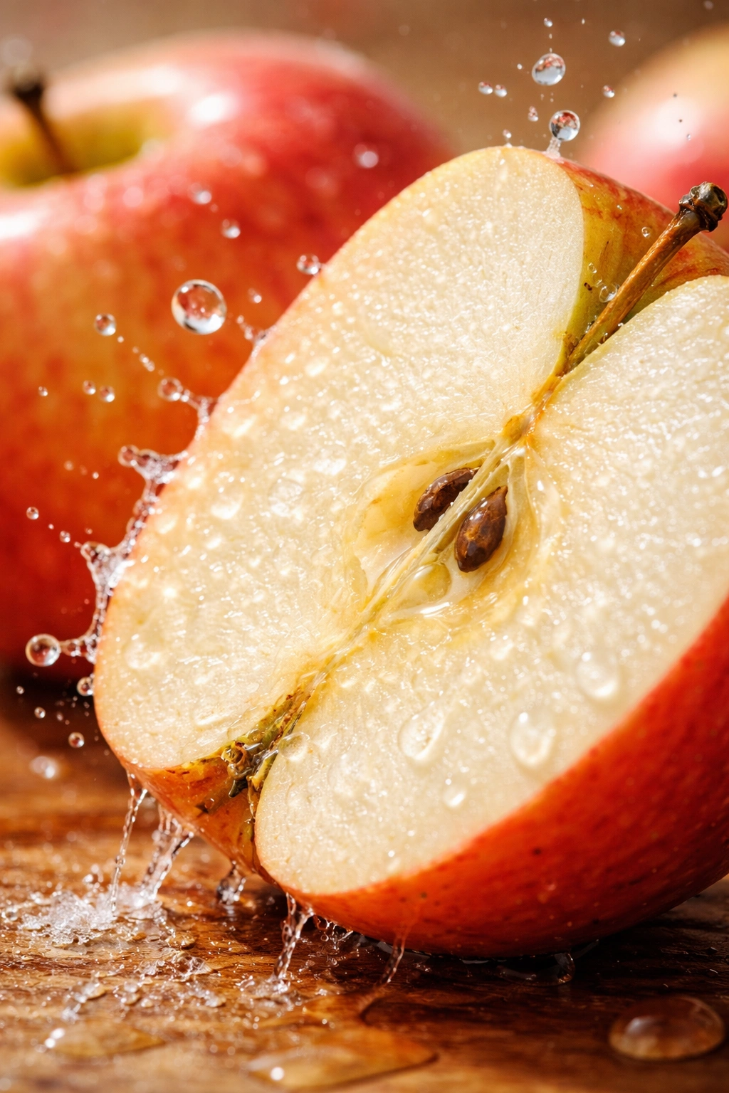 Cross-section slice of Fuji apple showing crisp flesh and juice droplets.
