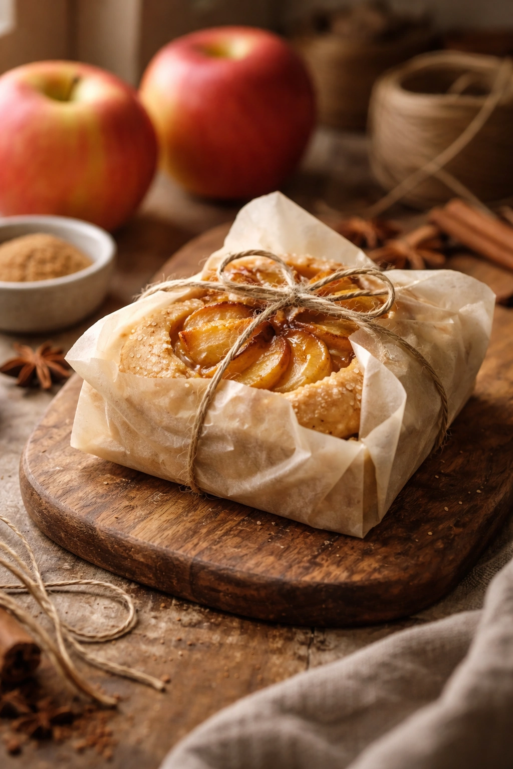 Wrapped Fuji apple dessert on parchment with twine in a cozy kitchen