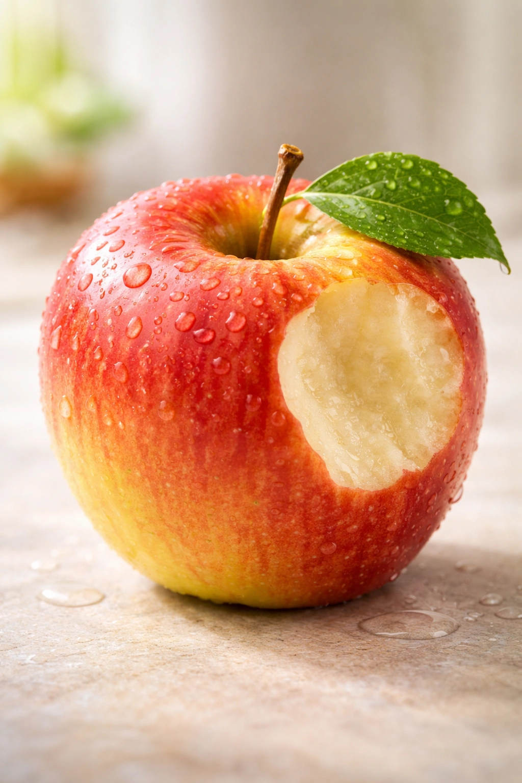 Close-up of Fuji apple highlighting juicy crunch and refreshing appearance.