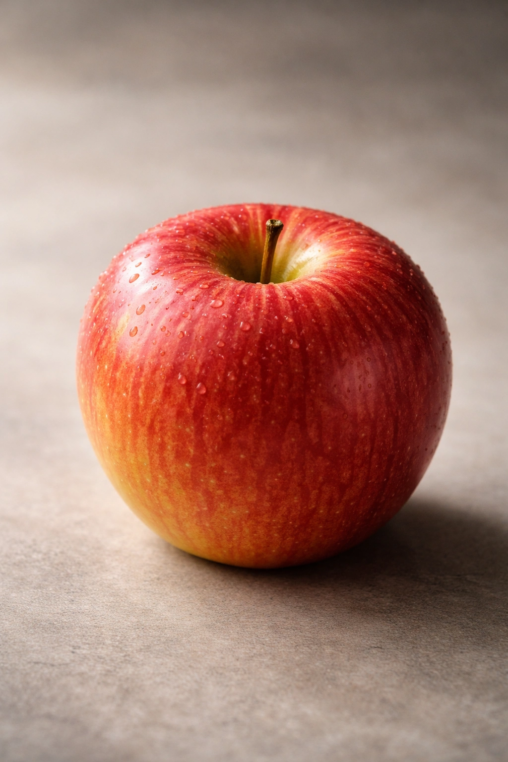 Close-up of a perfectly ripe Fuji apple with red blush.