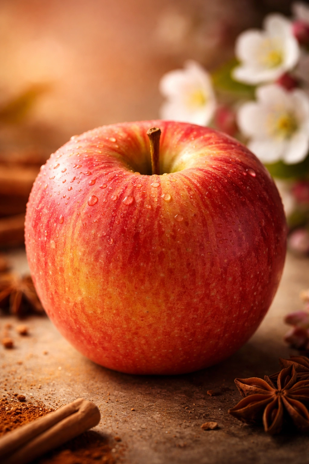 Close-up Fuji apple with warm skin tones suggesting spice warmth and floral notes.