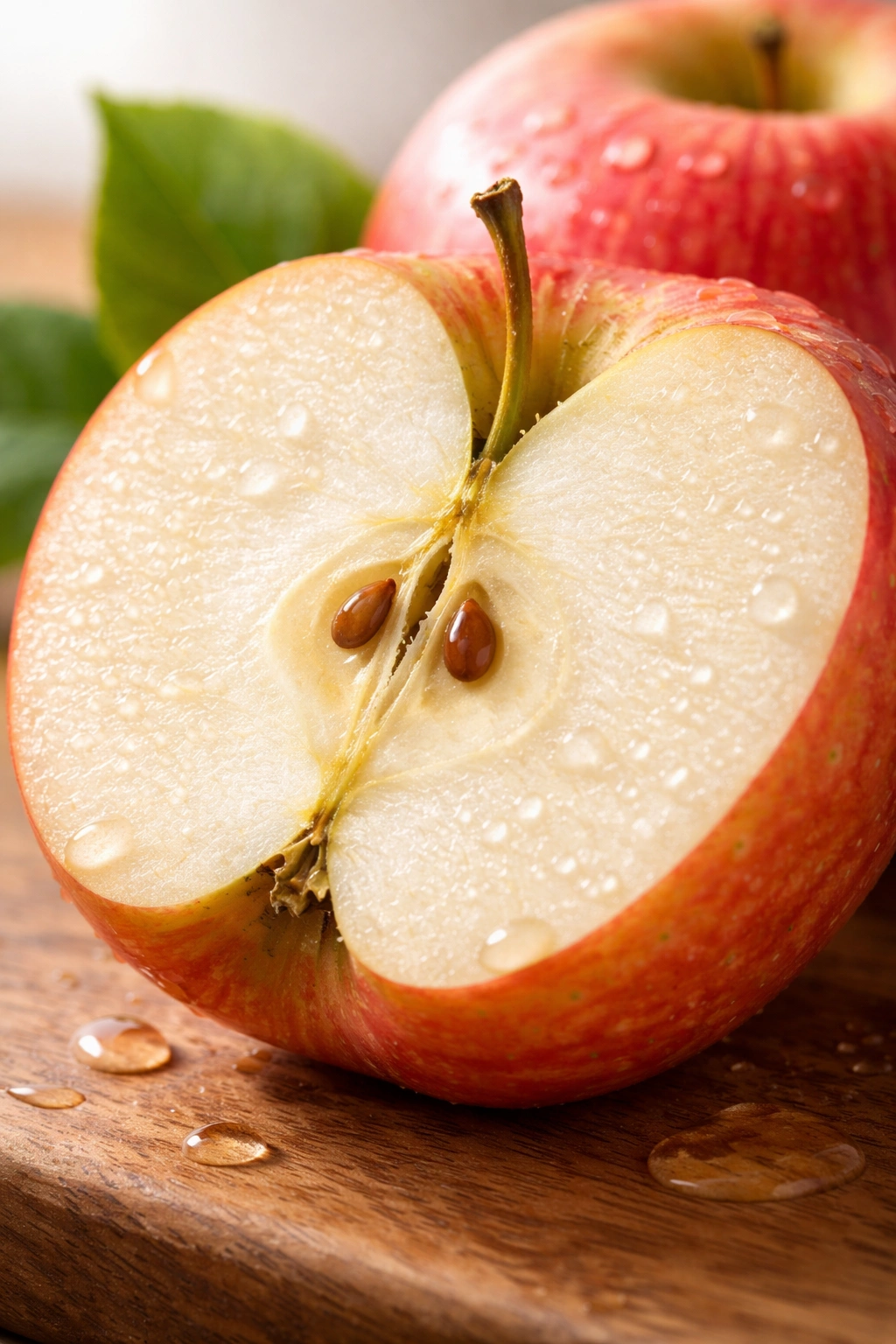 Close-up of a sliced Fuji apple showing juicy, crisp flesh and red-yellow skin.