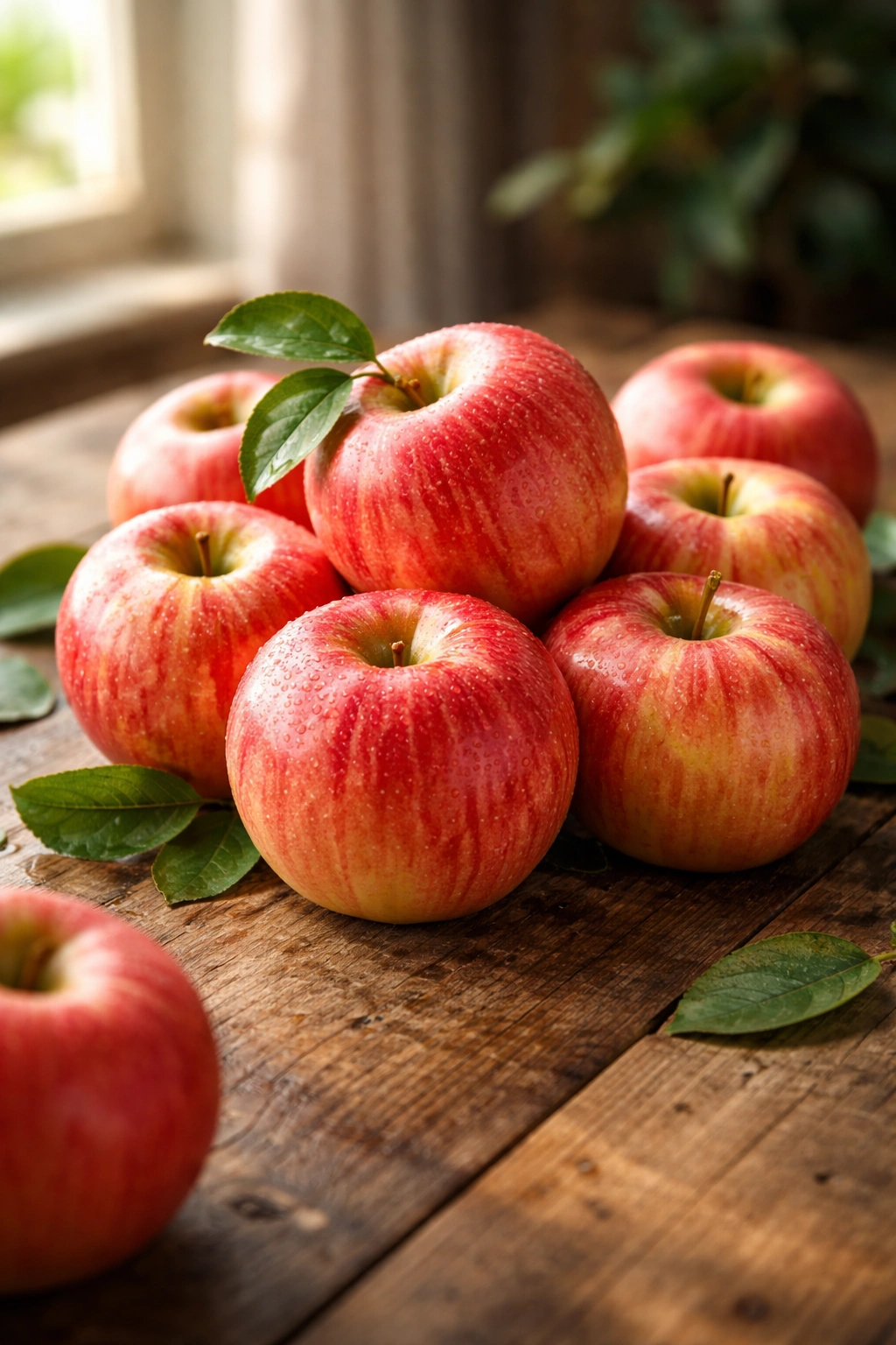 Close-up of Fuji apples with red-pink skin and yellow blush on a wooden surface