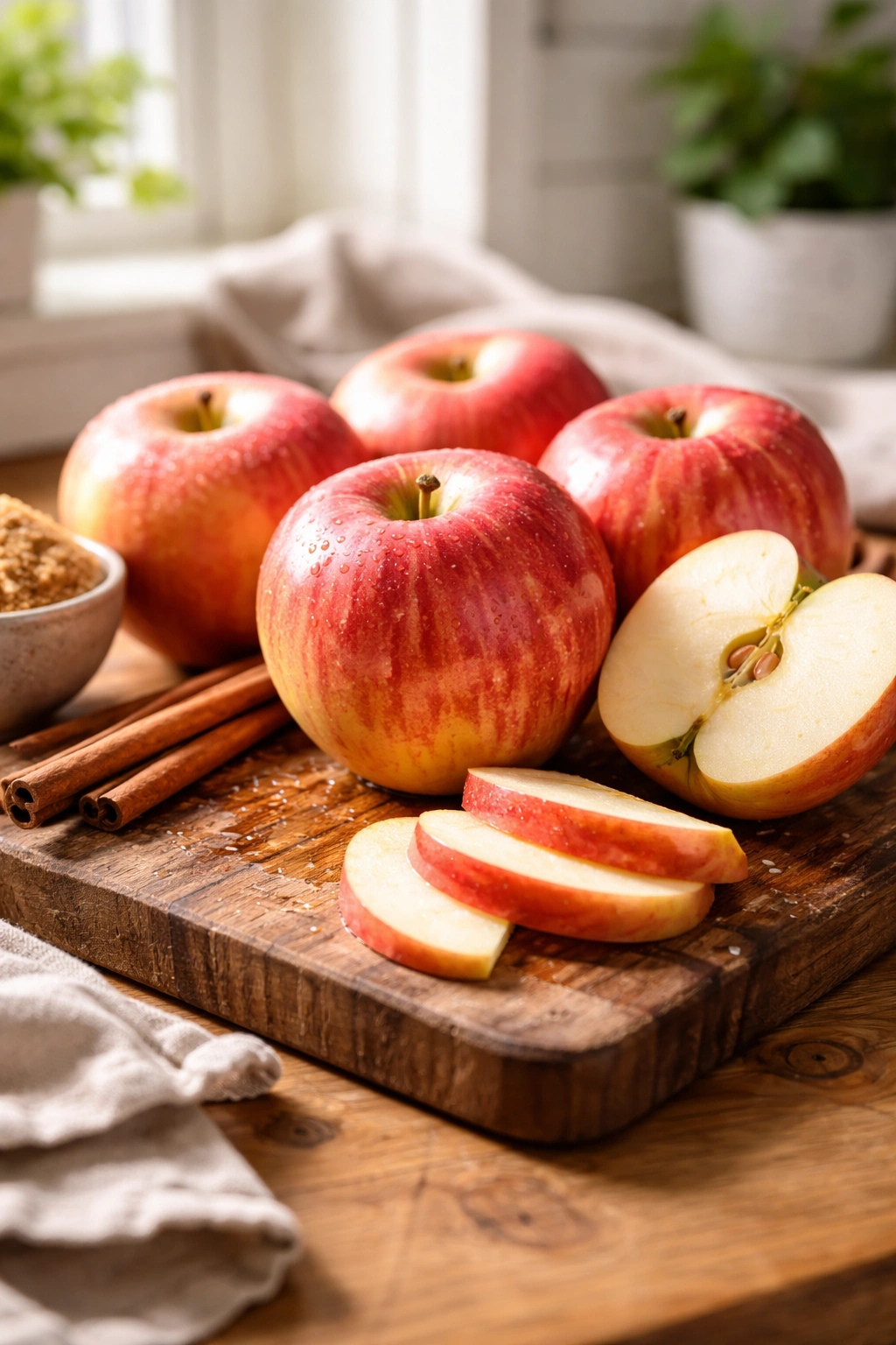 Fuji apples on a wooden cutting board ready for prep