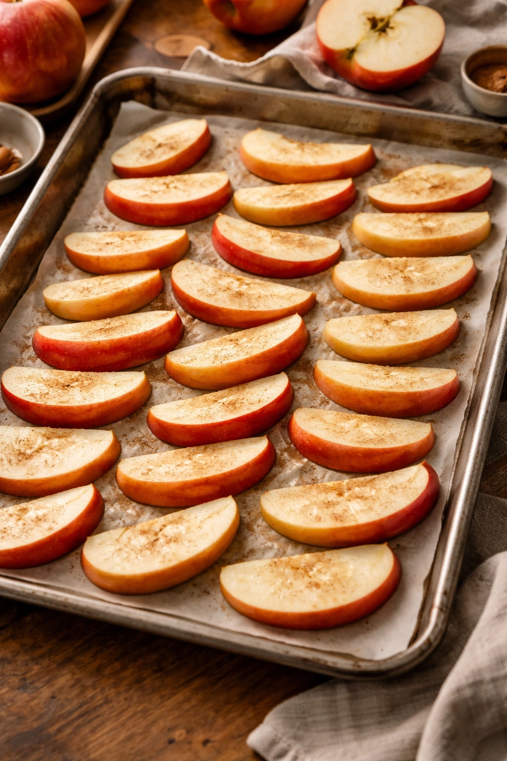 Sliced Fuji apples on parchment on a baking sheet
