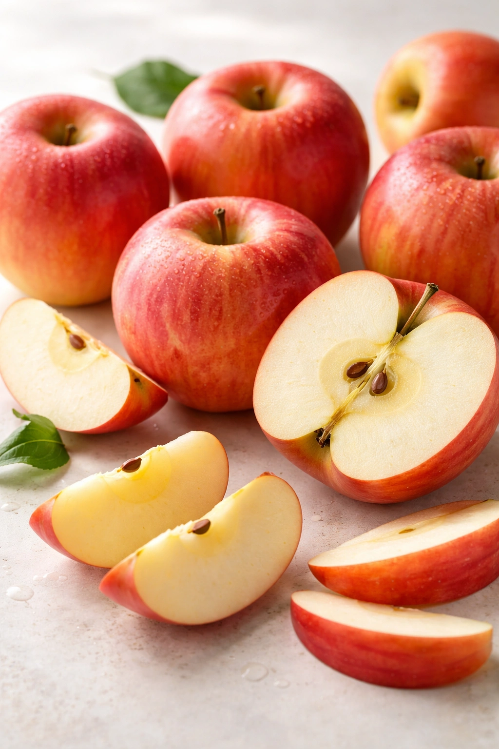 Whole and sliced Fuji apples on neutral background