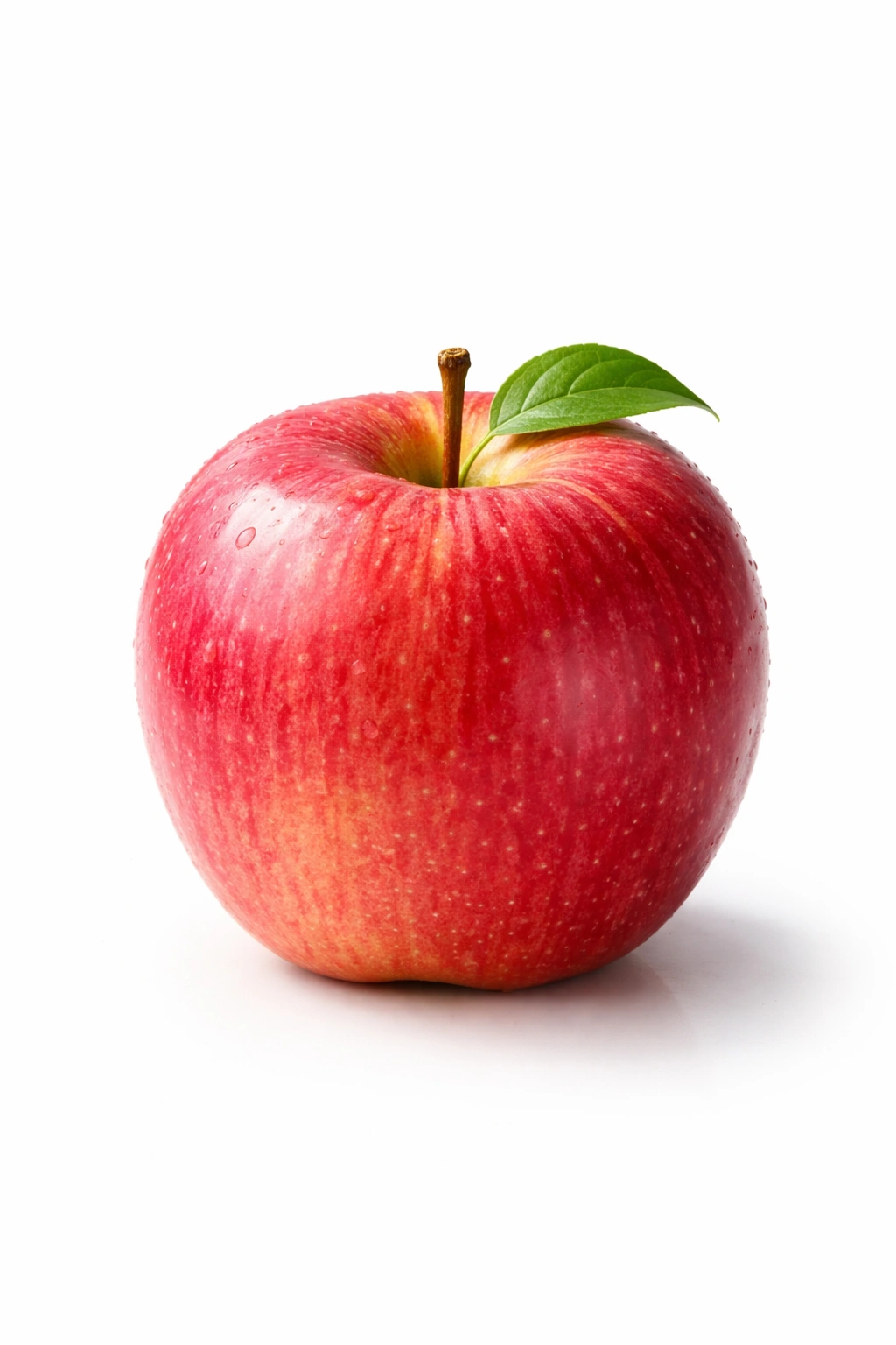 Close-up of a single Fuji apple with glossy red skin on a white background